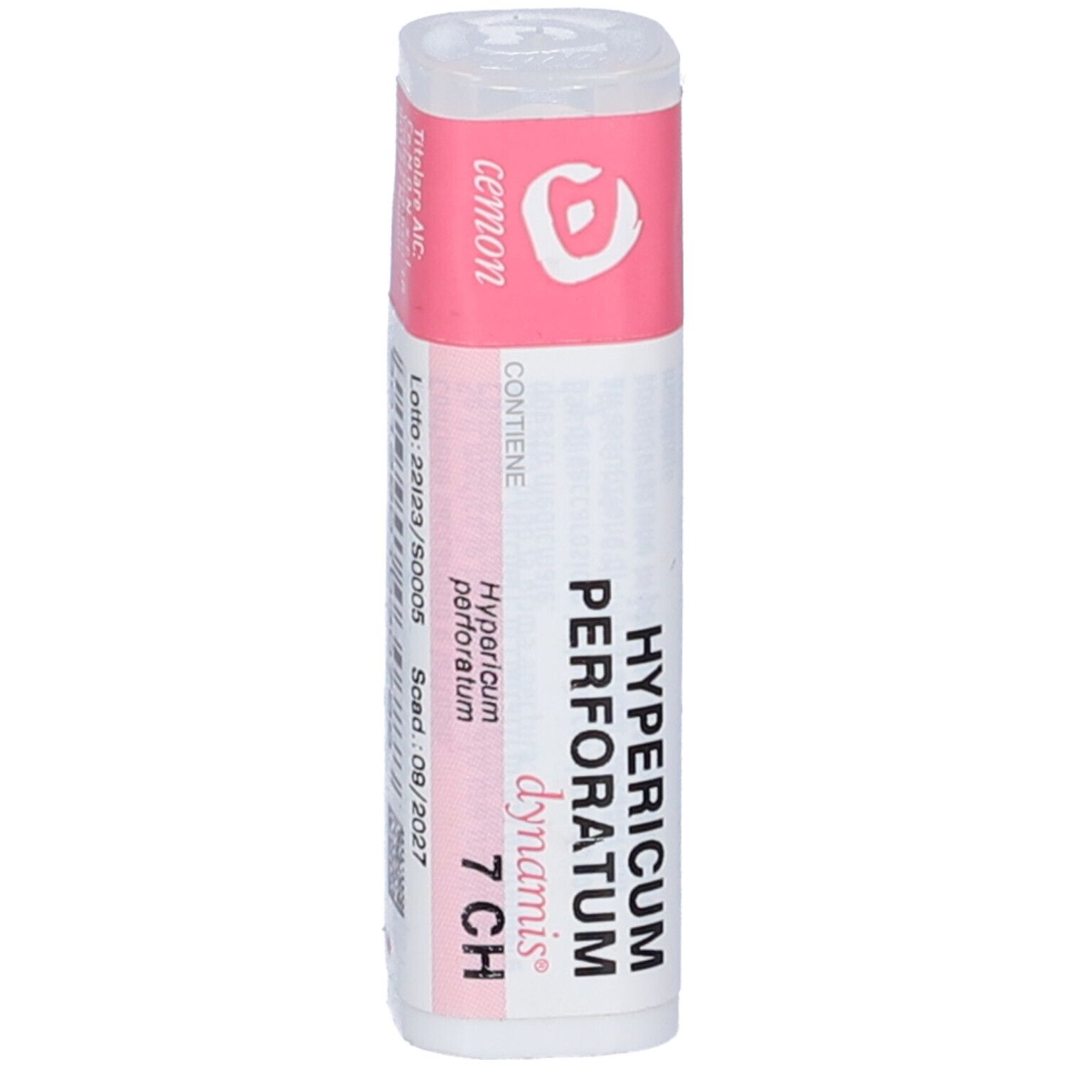 Confezione cilindrica con etichetta rosa e bianca. Scritta: Hypericum perforatum 7 CH, cemon.