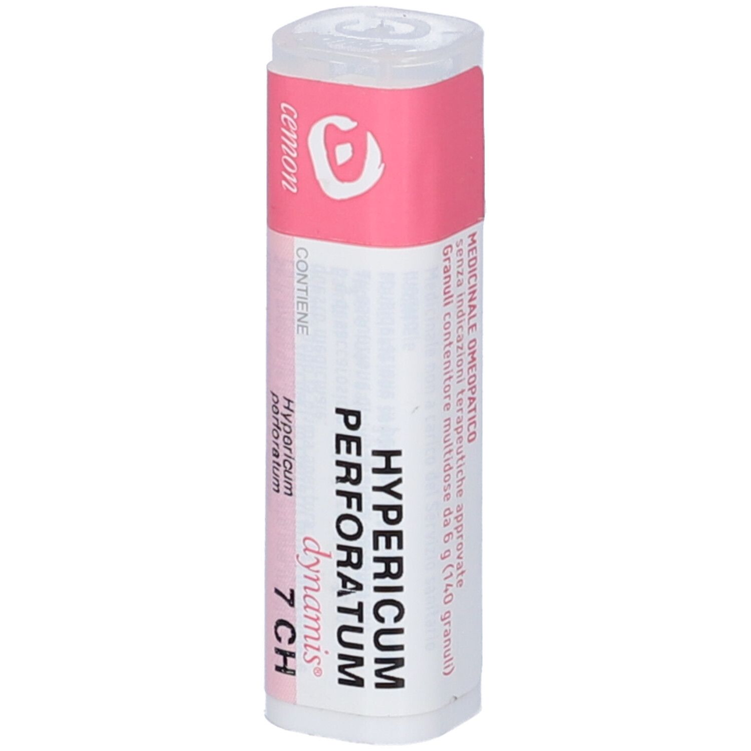 Confezione cilindrica con etichetta rosa e bianca. Scritta: Hypericum perforatum 7 CH, cemon.