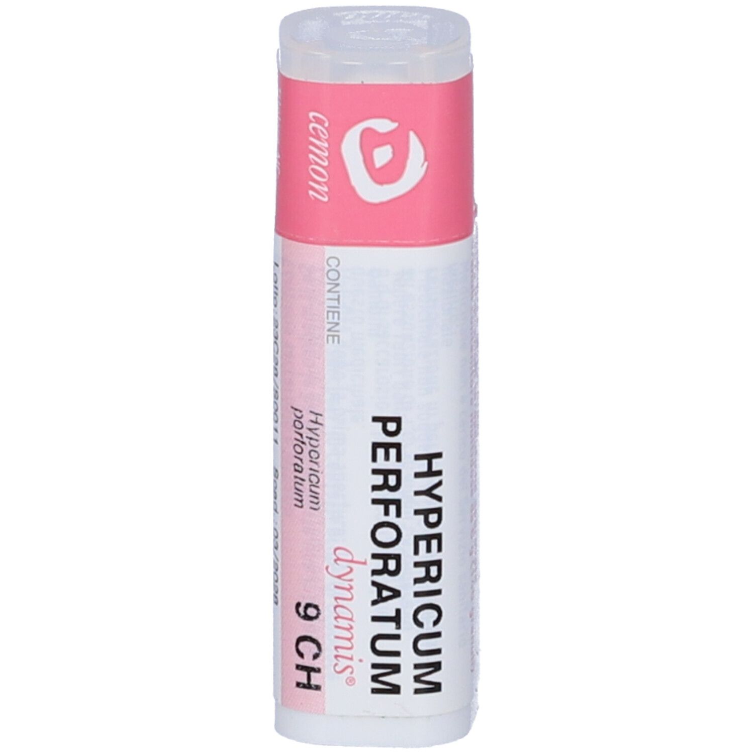 Confezione cilindrica con etichetta rosa e bianca. Scritta: Hypericum perforatum 9 CH. Marchio Cemon.