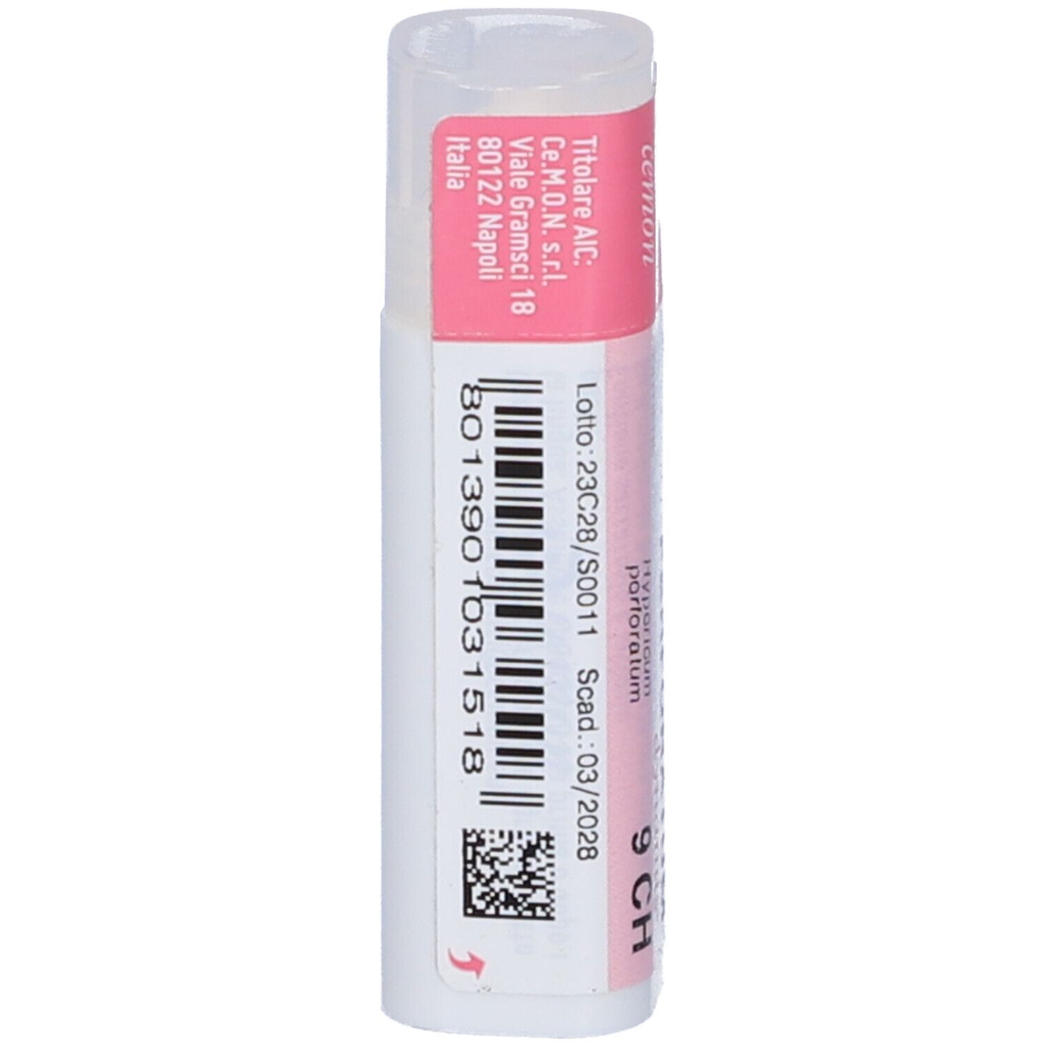 Confezione cilindrica con etichetta rosa e bianca. Scritta: Hypericum perforatum 9 CH. Marchio Cemon.