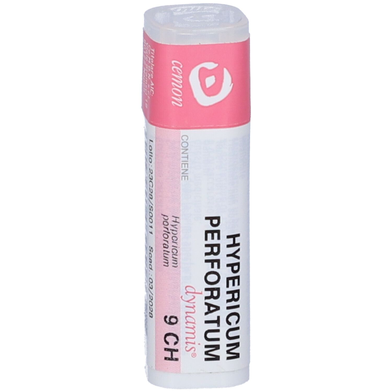 Confezione cilindrica con etichetta rosa e bianca. Scritta: Hypericum perforatum 9 CH. Marchio Cemon.