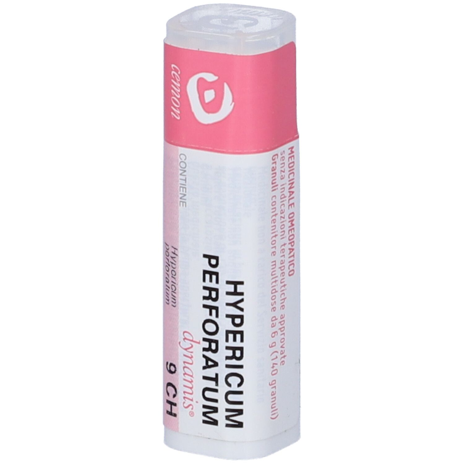 Confezione cilindrica con etichetta rosa e bianca. Scritta: Hypericum perforatum 9 CH. Marchio Cemon.