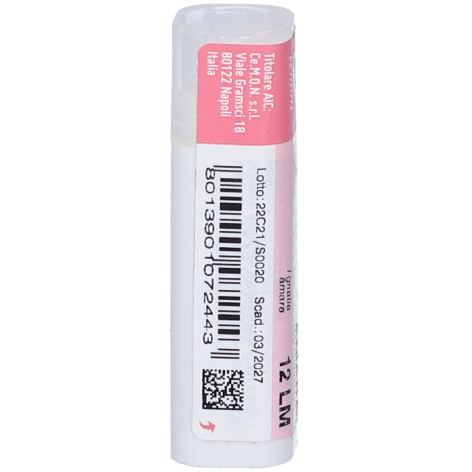 Confezione cilindrica con etichetta rosa e bianca. Scritta: Ignatia Amara dynamis 12 LM. Contiene granuli. Codice a barre.