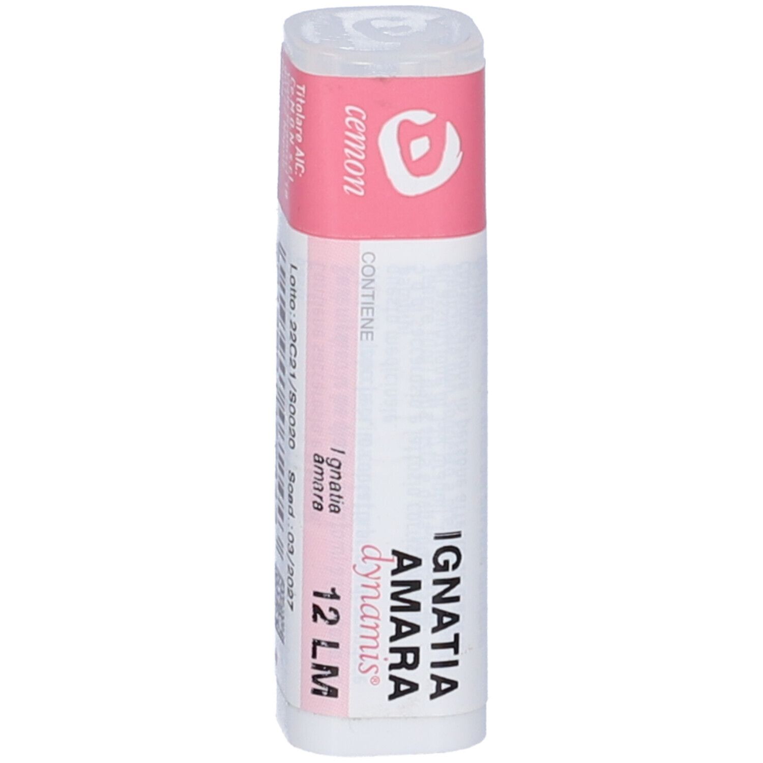 Confezione cilindrica con etichetta rosa e bianca. Scritta: Ignatia Amara dynamis 12 LM. Contiene granuli.