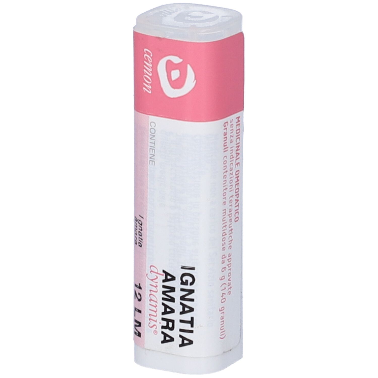 Confezione cilindrica con etichetta rosa e bianca. Scritta: Ignatia Amara dynamis 12 LM. Contiene granuli.