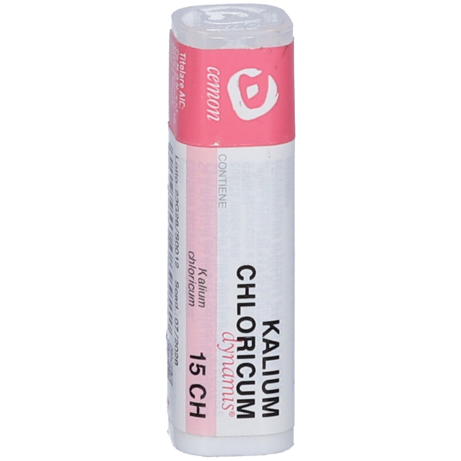 Confezione cilindrica con etichetta rosa e bianca. Scritta: Kalium Chloricum 15 CH. Marchio: Cemon.