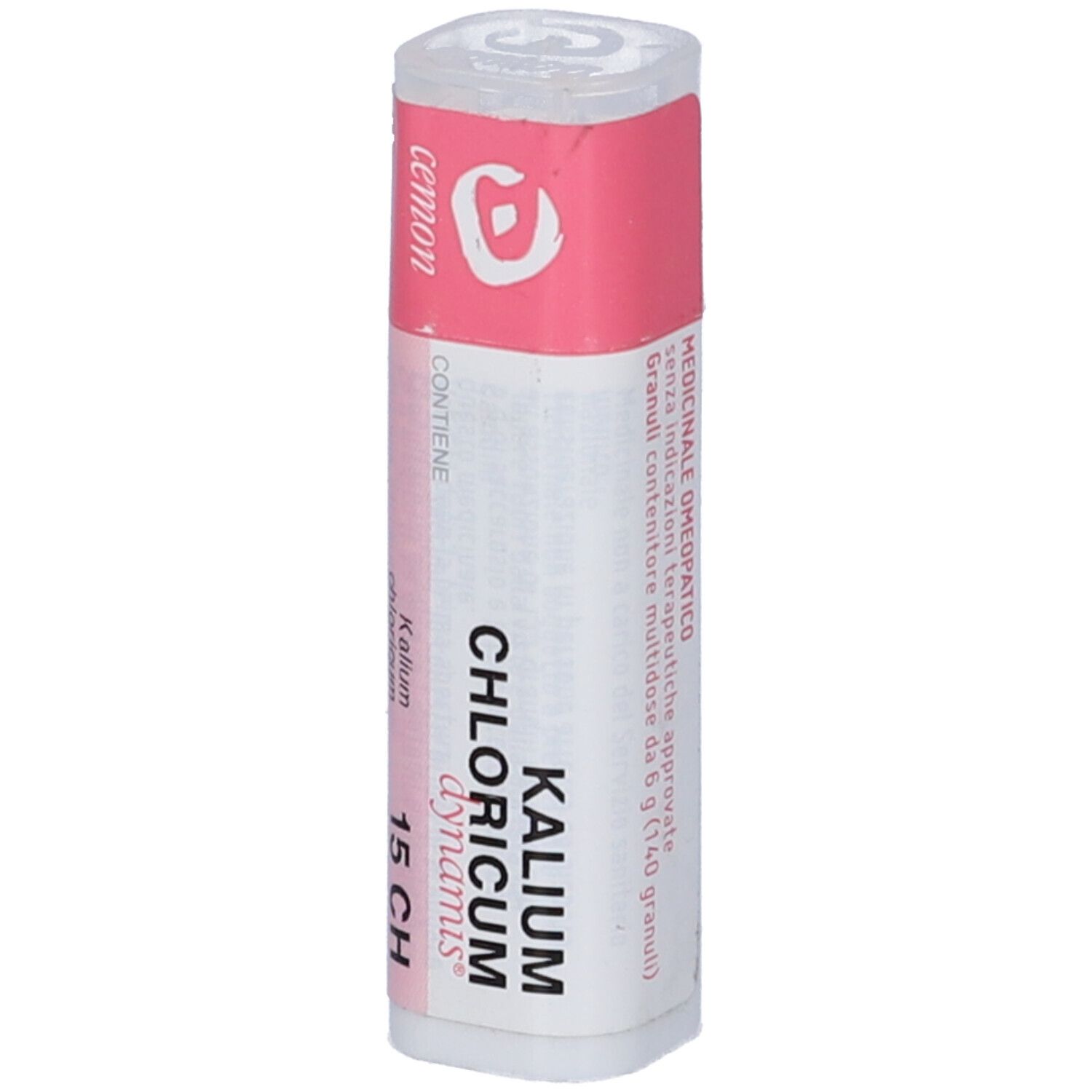 Confezione cilindrica con etichetta rosa e bianca. Scritta: Kalium Chloricum 15 CH. Marchio: Cemon. Testo: Medicinale.