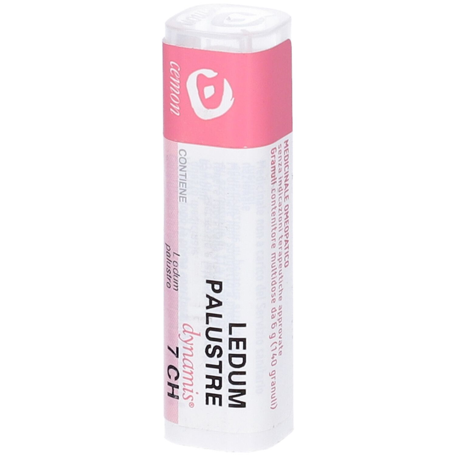 Confezione cilindrica con etichetta rosa. Testo: Ledum Palustre 7 CH. Marchi cemon e dynamis. Sfondo bianco.