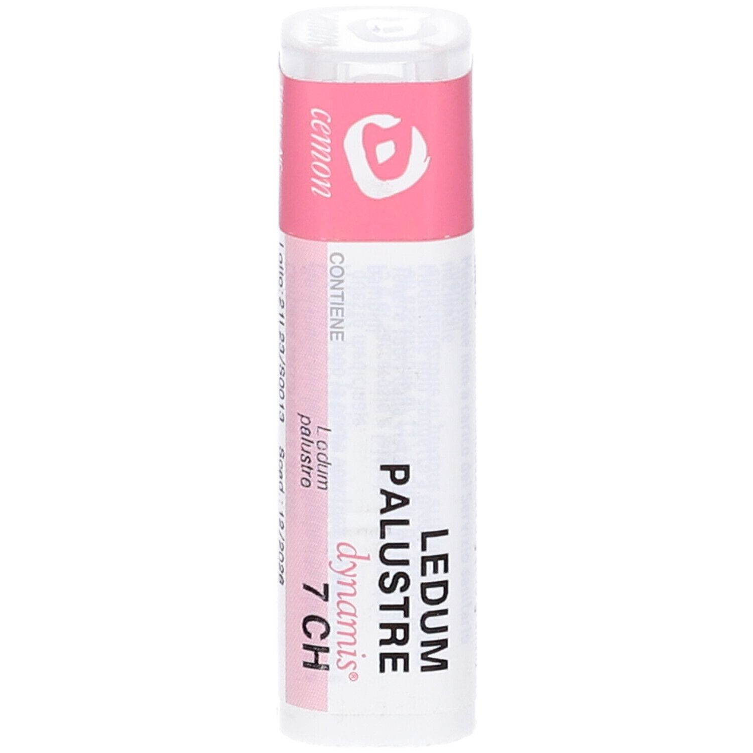 Confezione cilindrica con etichetta rosa. Testo: Ledum Palustre 7 CH. Marchi cemon e dynamis. Sfondo bianco.