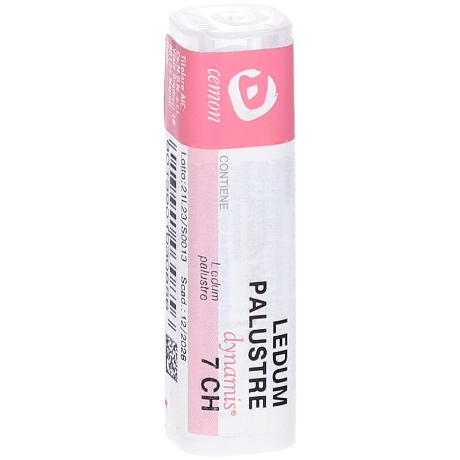 Confezione cilindrica con etichetta rosa. Testo: Ledum Palustre 7 CH. Marchi cemon e dynamis. Sfondo bianco.