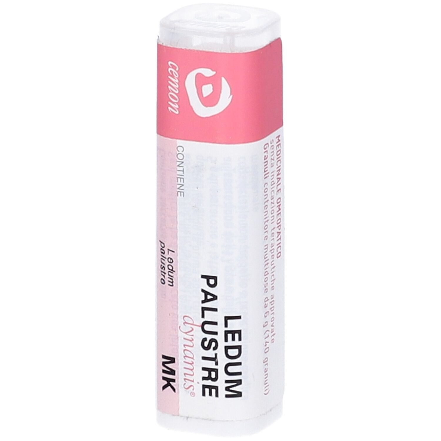 Confezione cilindrica con etichetta rosa. Scritte: Ledum palustre, MK, dynamis. Logo cemon.