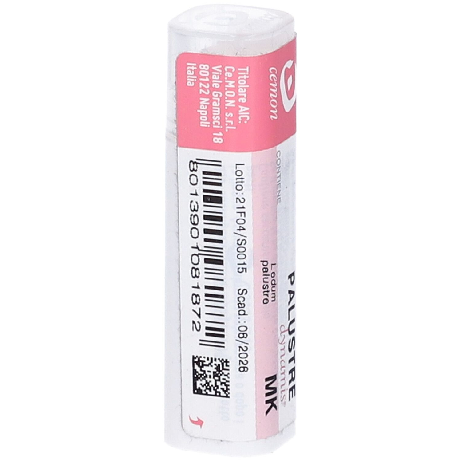 Confezione cilindrica con etichetta rosa. Scritte: Ledum palustre, MK, dynamis. Logo cemon, codice a barre.