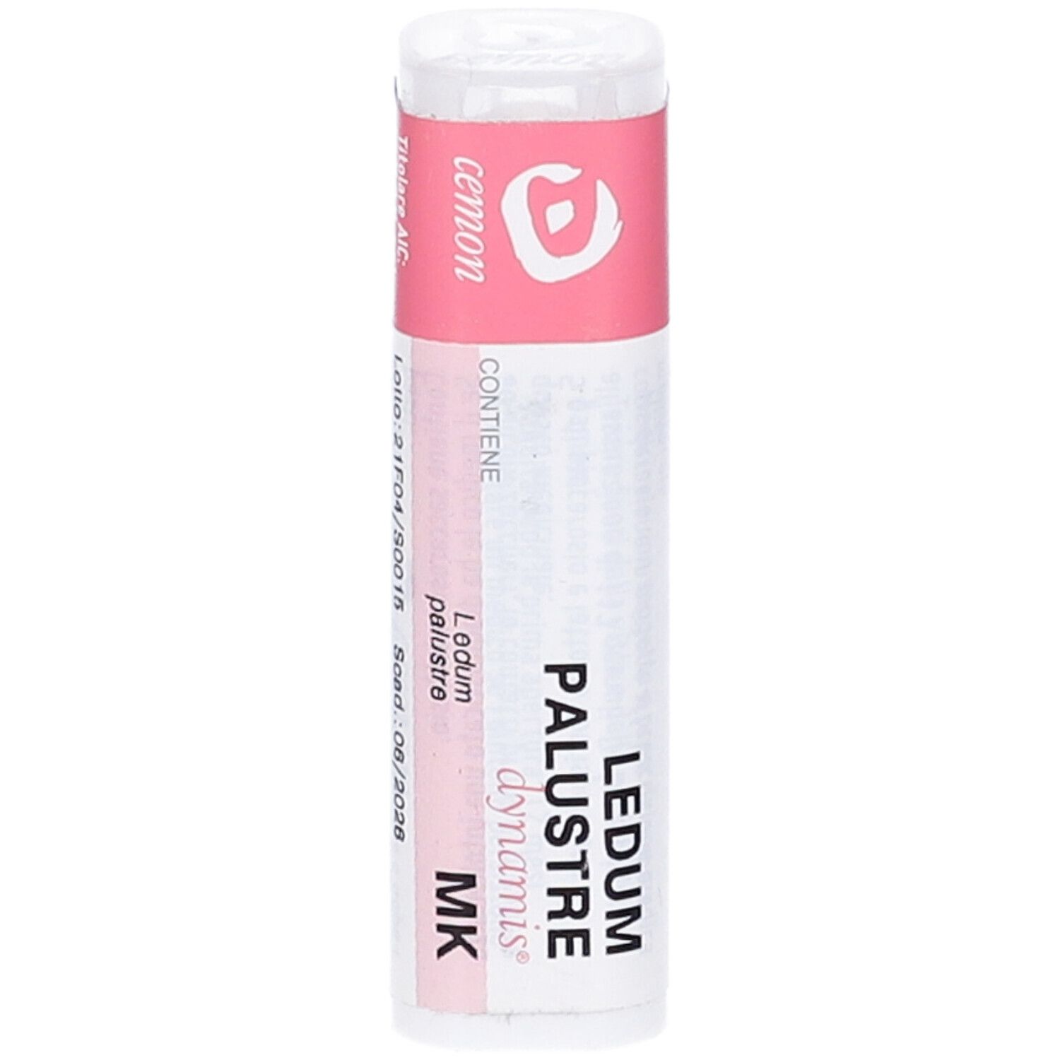 Confezione cilindrica con etichetta rosa. Scritte: Ledum palustre, MK, dynamis. Logo cemon.