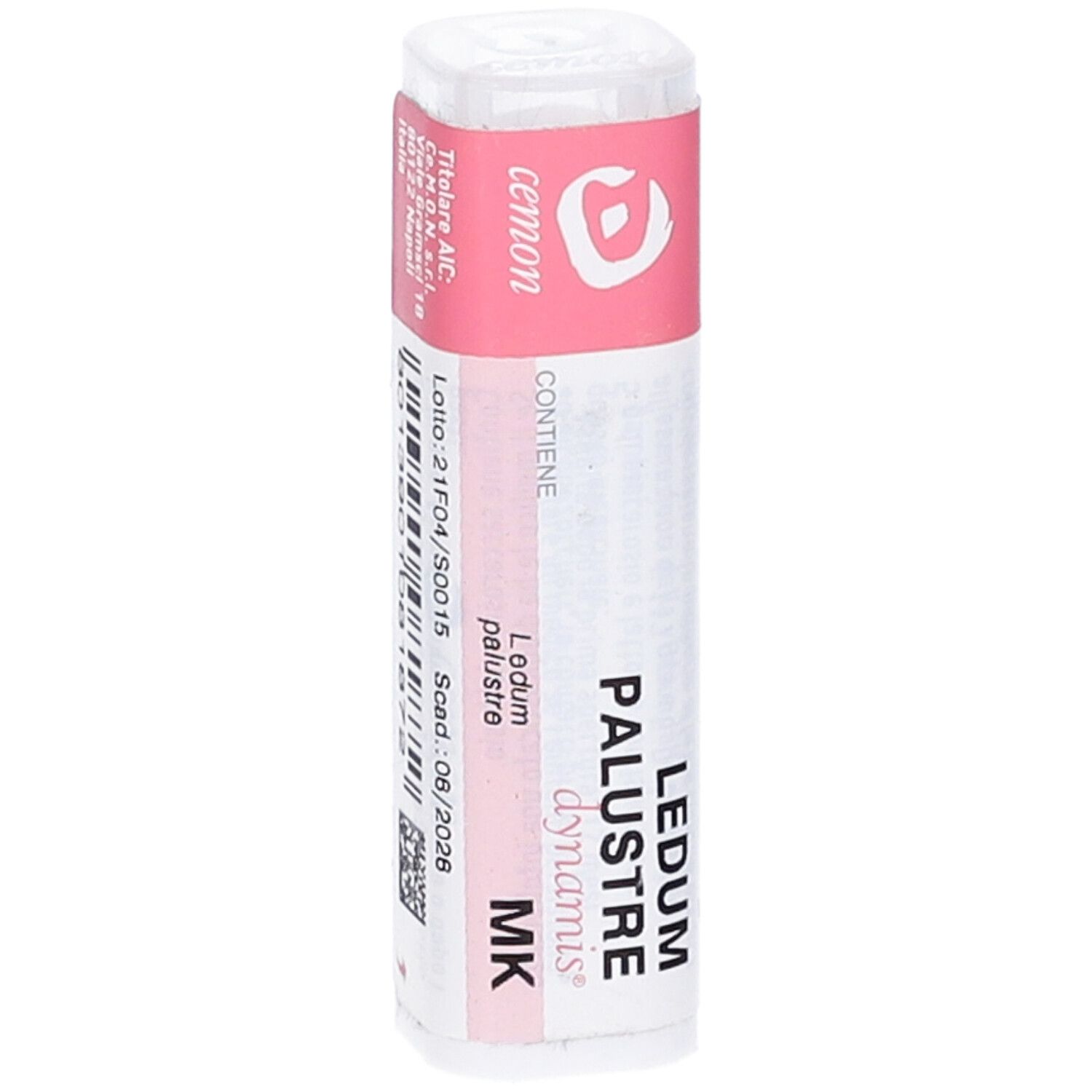 Confezione cilindrica con etichetta rosa. Scritte: Ledum palustre, MK, dynamis. Logo cemon, codice a barre.