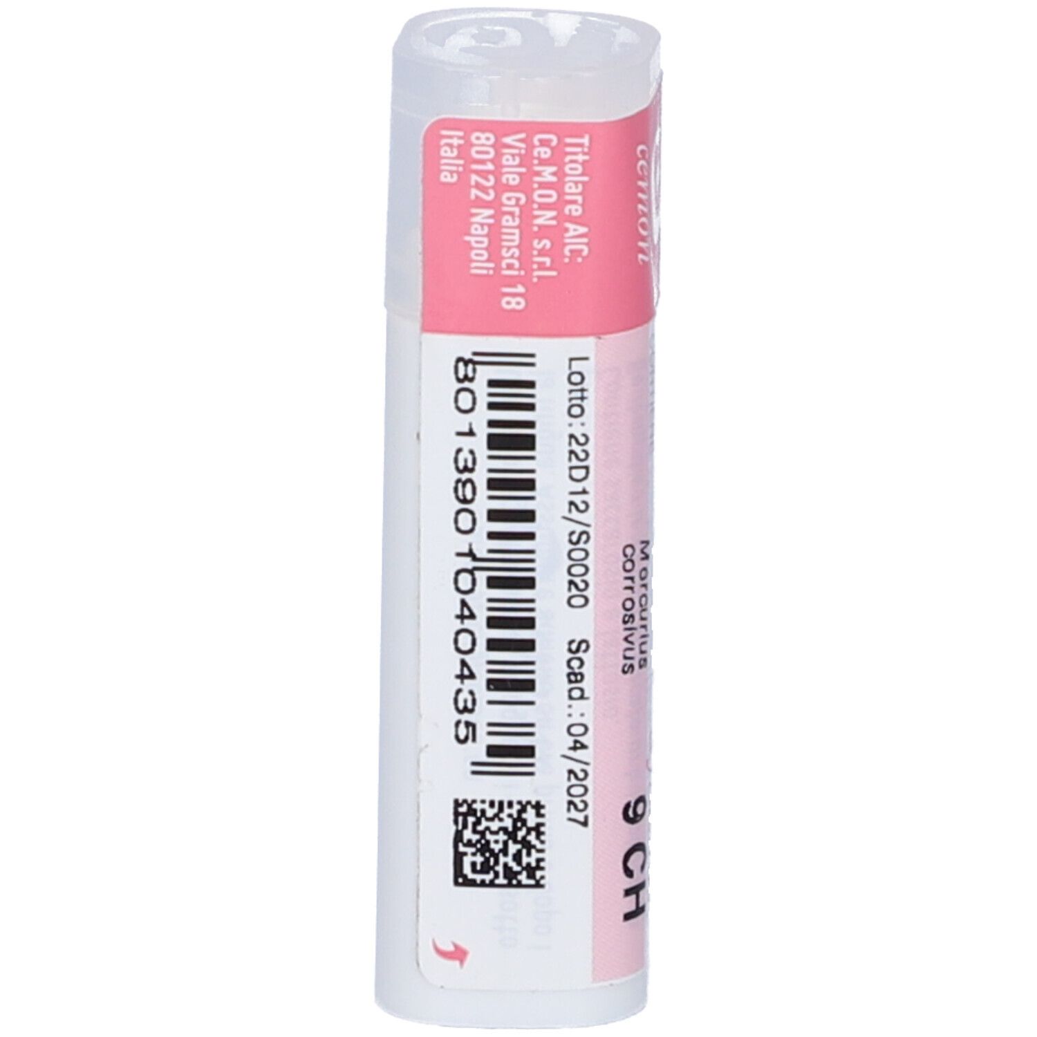 Confezione cilindrica con etichetta rosa e bianca. Codice a barre e altre informazioni.