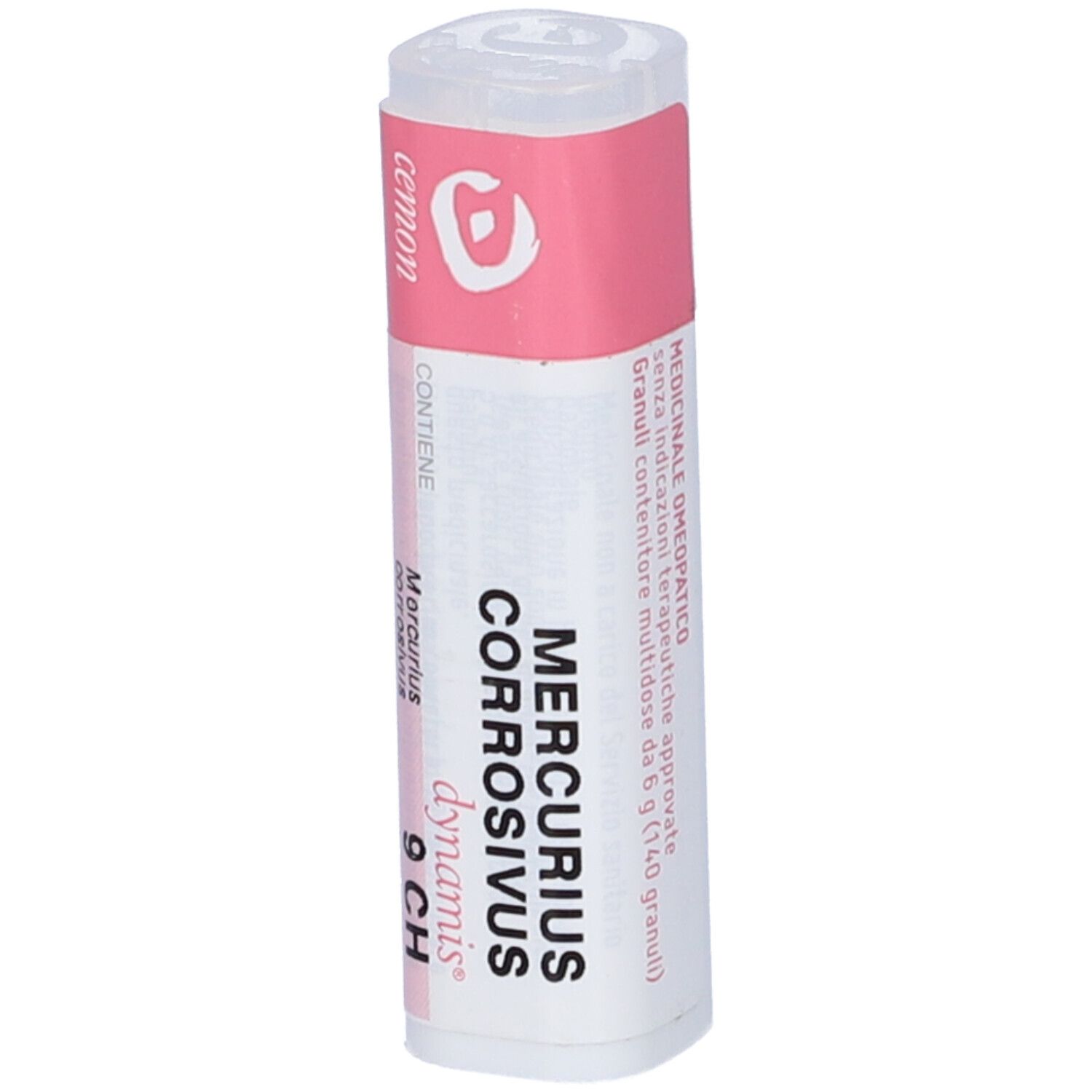 Confezione cilindrica con etichetta rosa e bianca. Scritta: Mercurius Corrosivus 9 CH, cemon.