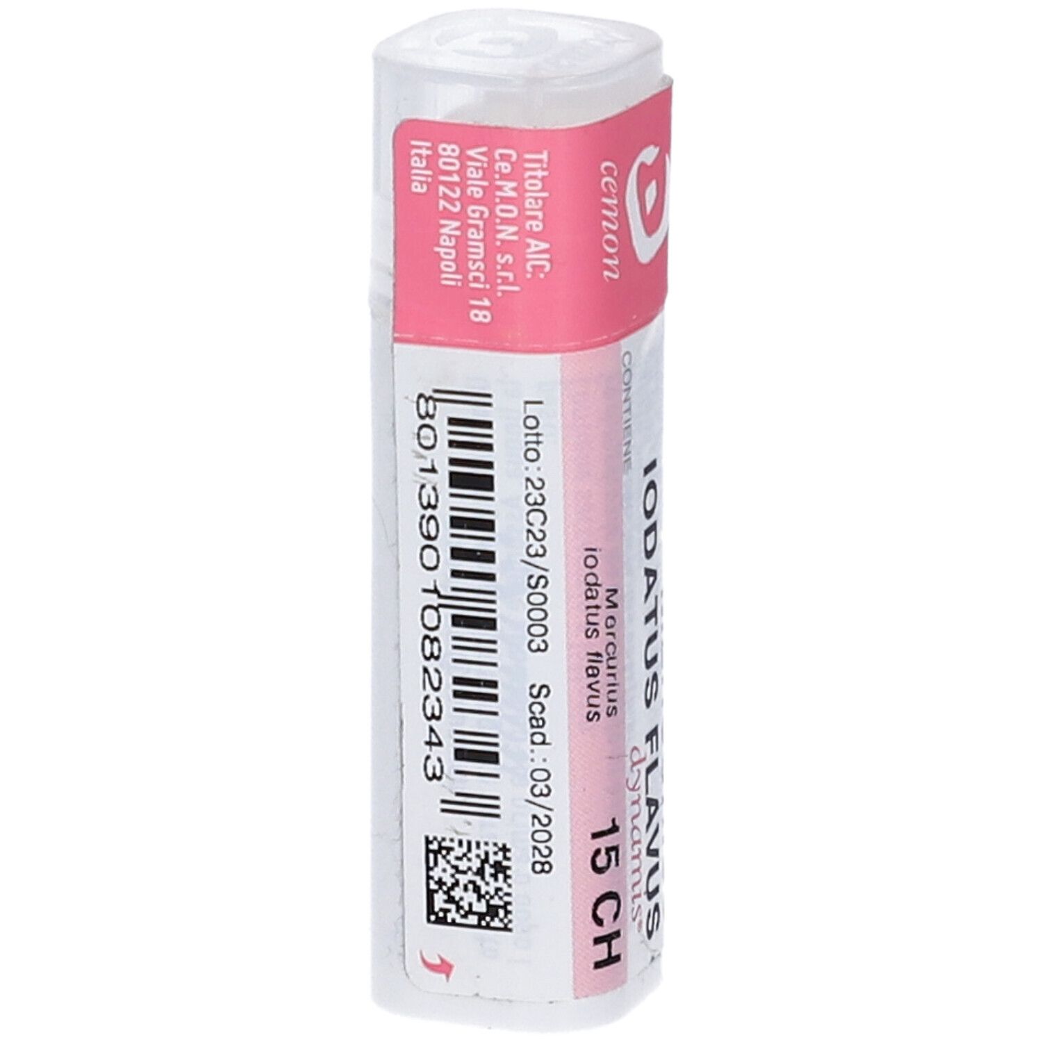 Confezione cilindrica con fascia rosa. Codice a barre e testo: Mercurius Iodatus Flavus 15 CH. Marchio: Cemon.