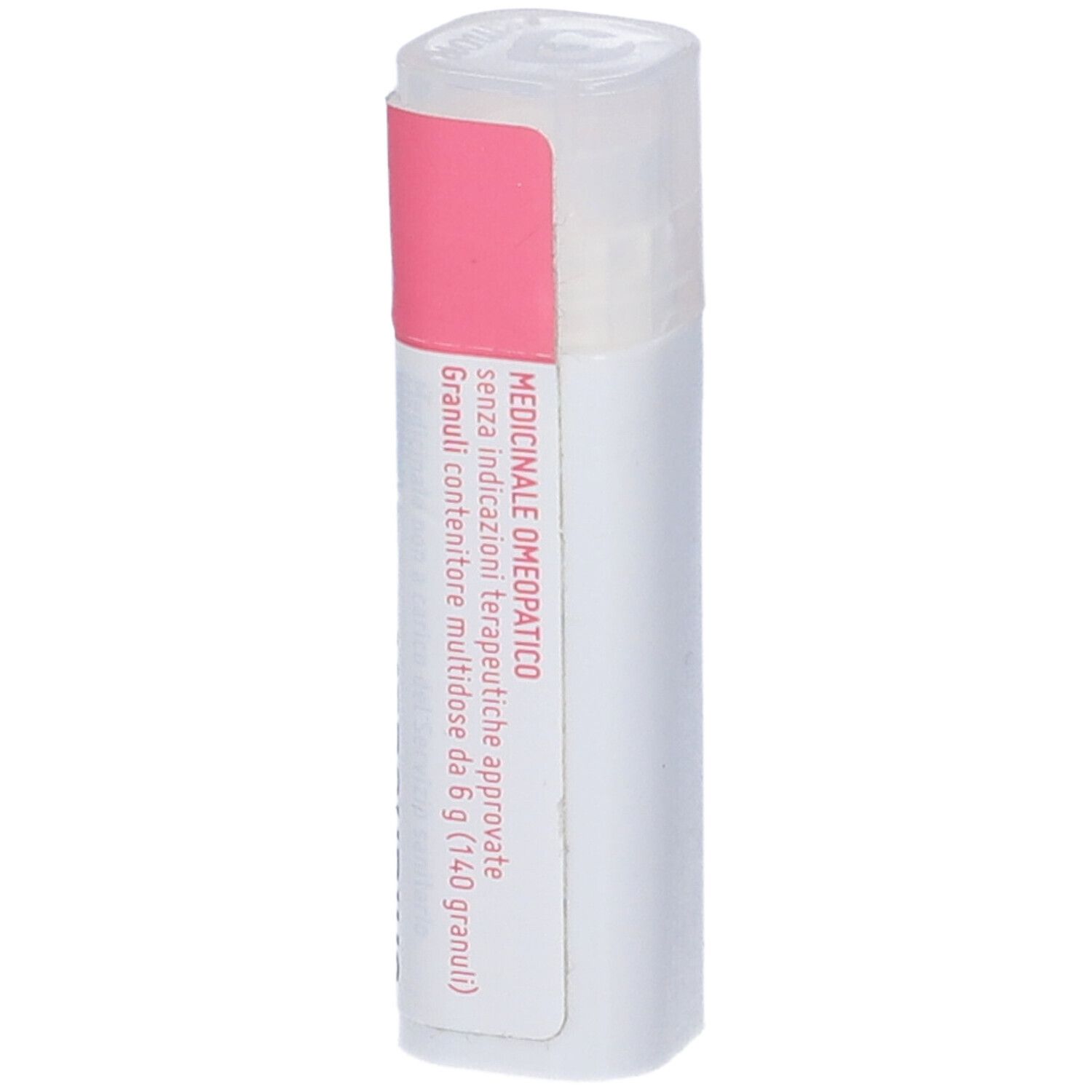 Confezione cilindrica bianca con fascia rosa. Testo: Omeopatia medica. Marchio: Cemon.