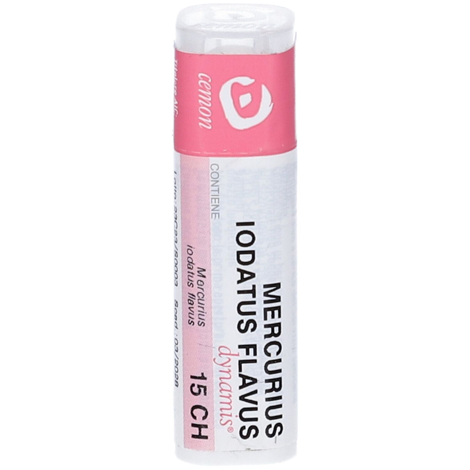 Confezione cilindrica con fascia rosa. Scritta: Mercurius Iodatus Flavus 15 CH. Marchio: Cemon.