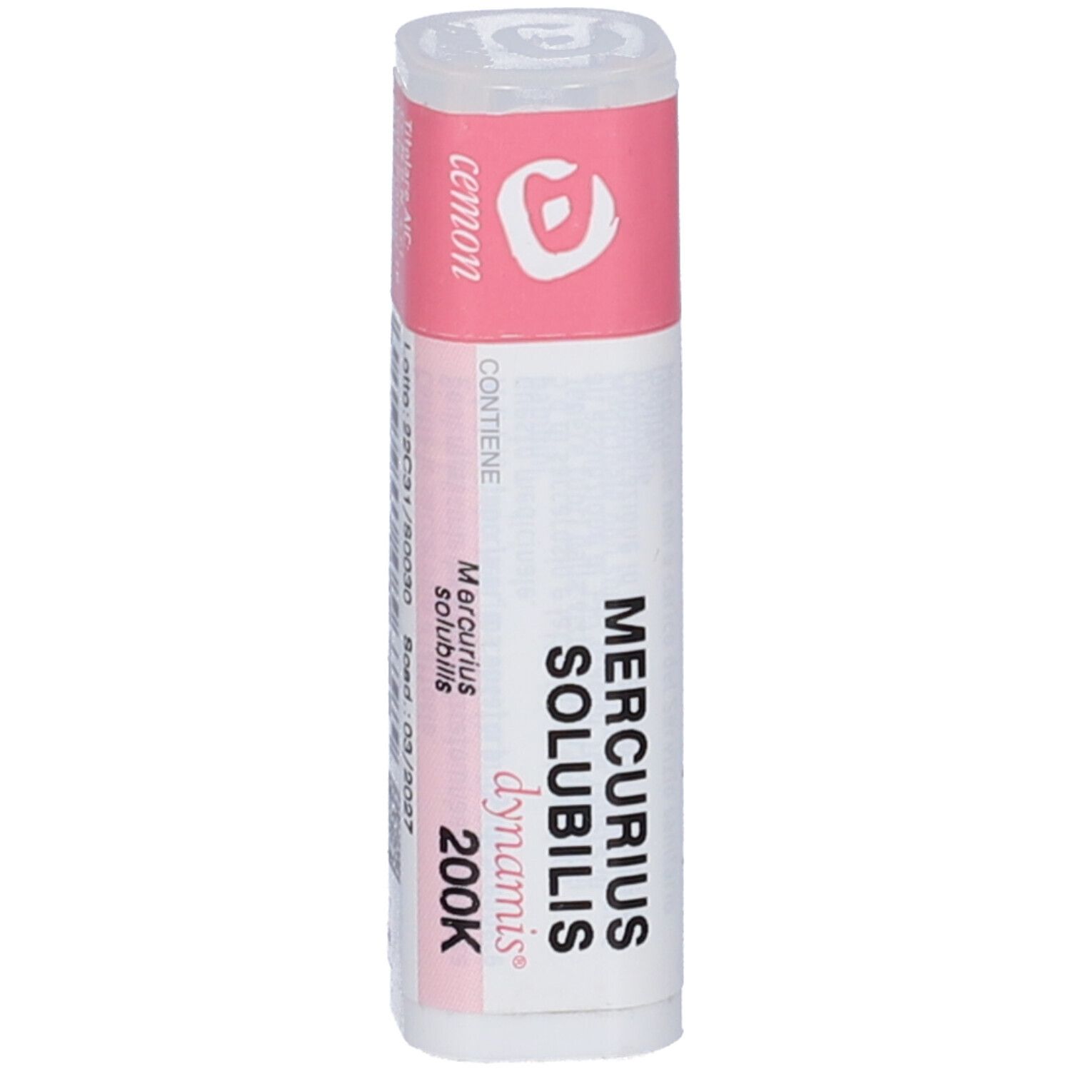 Confezione cilindrica con etichetta rosa e bianca. Scritta: Mercurius Solubilis 200K. Marchio: cemon.