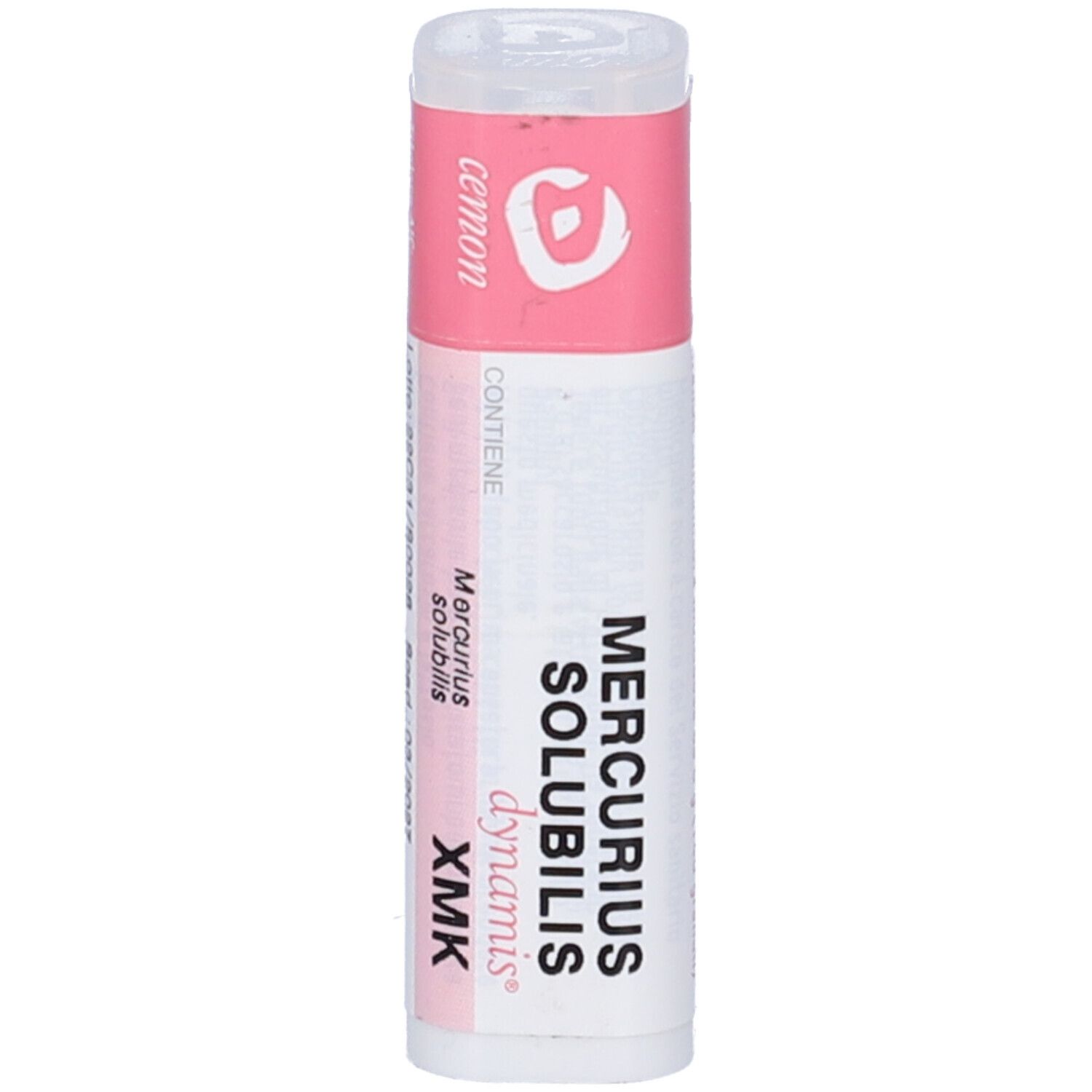 Confezione cilindrica. Scritta: Mercurius Solubilis XMK, dynamis. Etichette rosa e bianche.