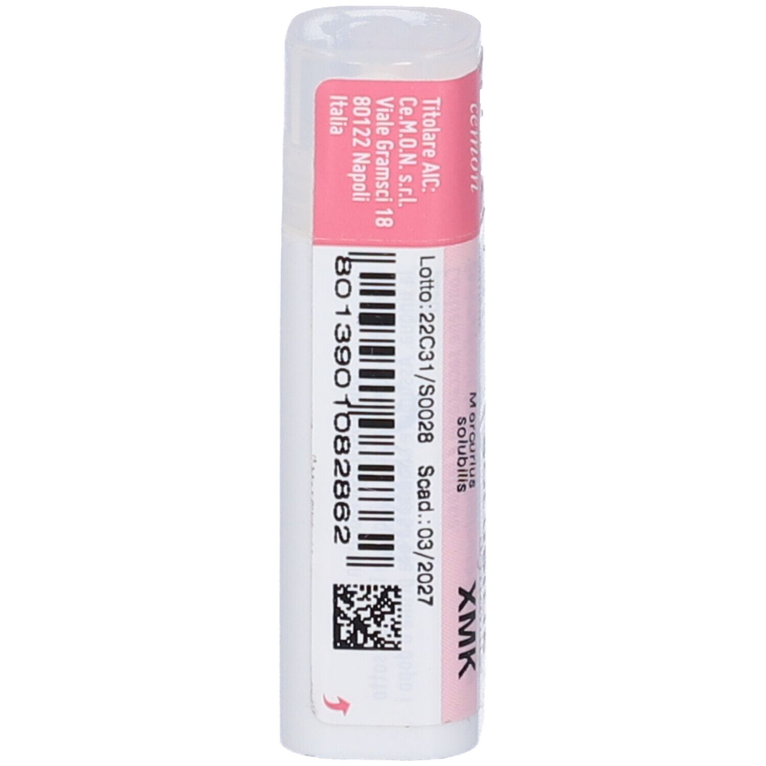Confezione cilindrica. Scritta: Mercurius Solubilis XMK, dynamis. Etichette rosa e bianche.