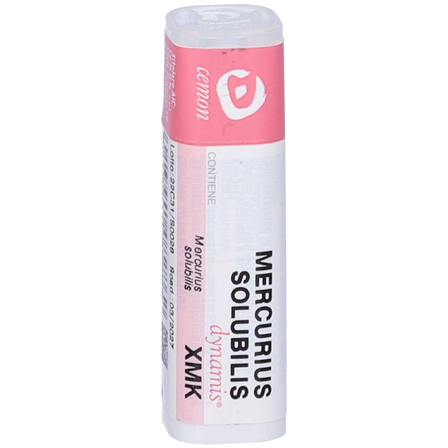 Confezione cilindrica. Scritta: Mercurius Solubilis XMK, dynamis. Etichette rosa e bianche.