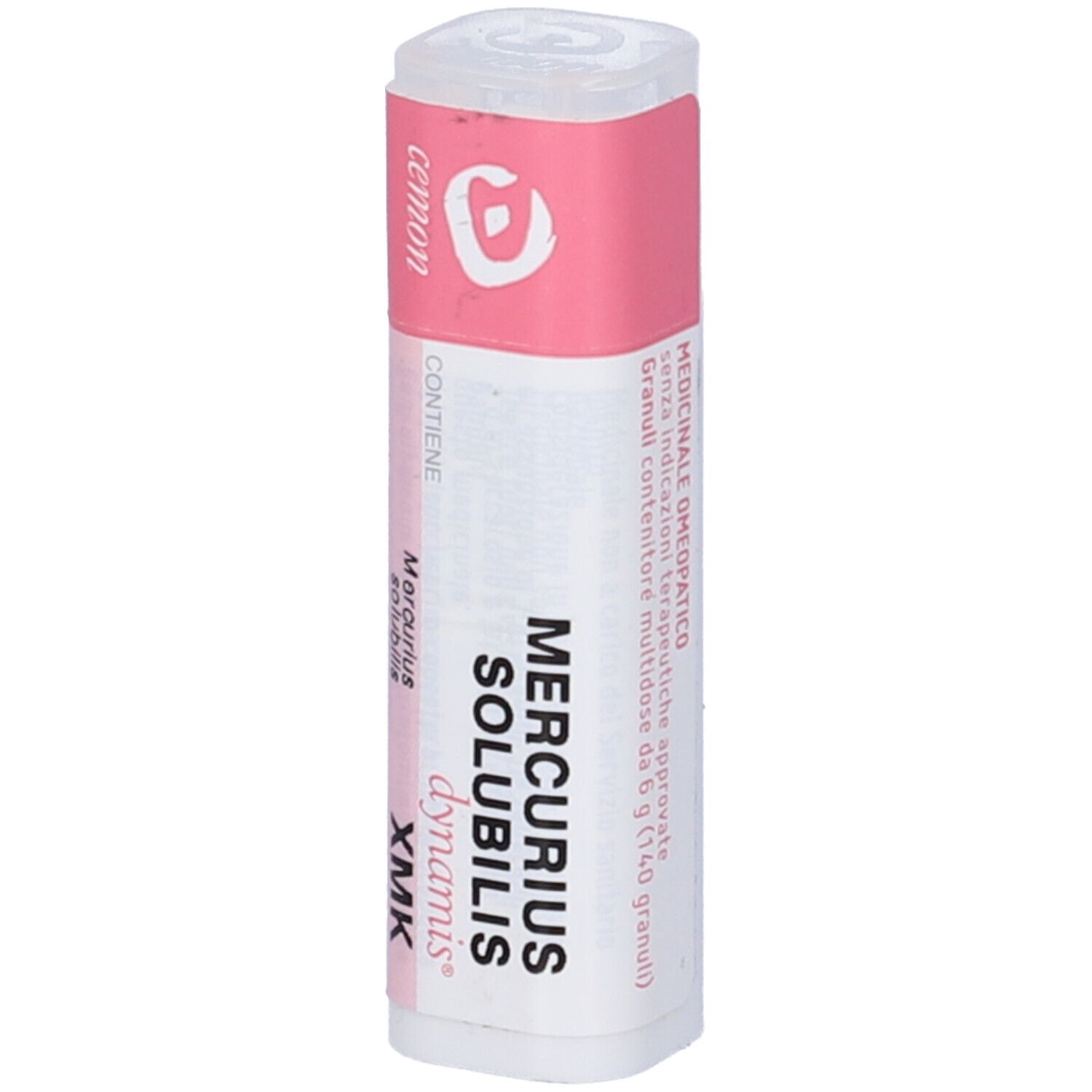 Confezione cilindrica. Scritta: Mercurius Solubilis XMK, dynamis. Etichette rosa e bianche.