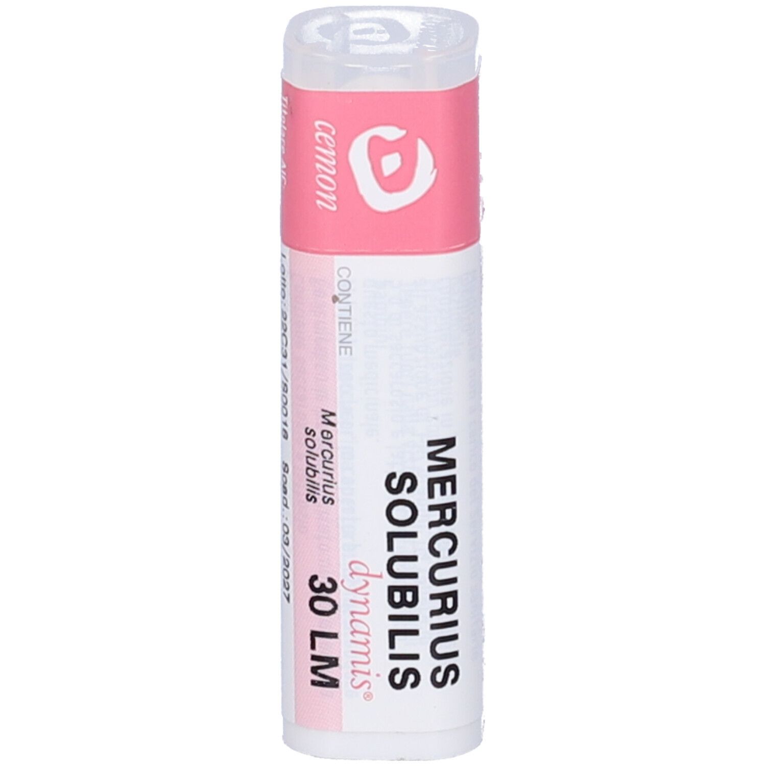 Confezione cilindrica con etichetta rosa e bianca. Scritte: Mercurius Solubilis 30 LM, dynamis.