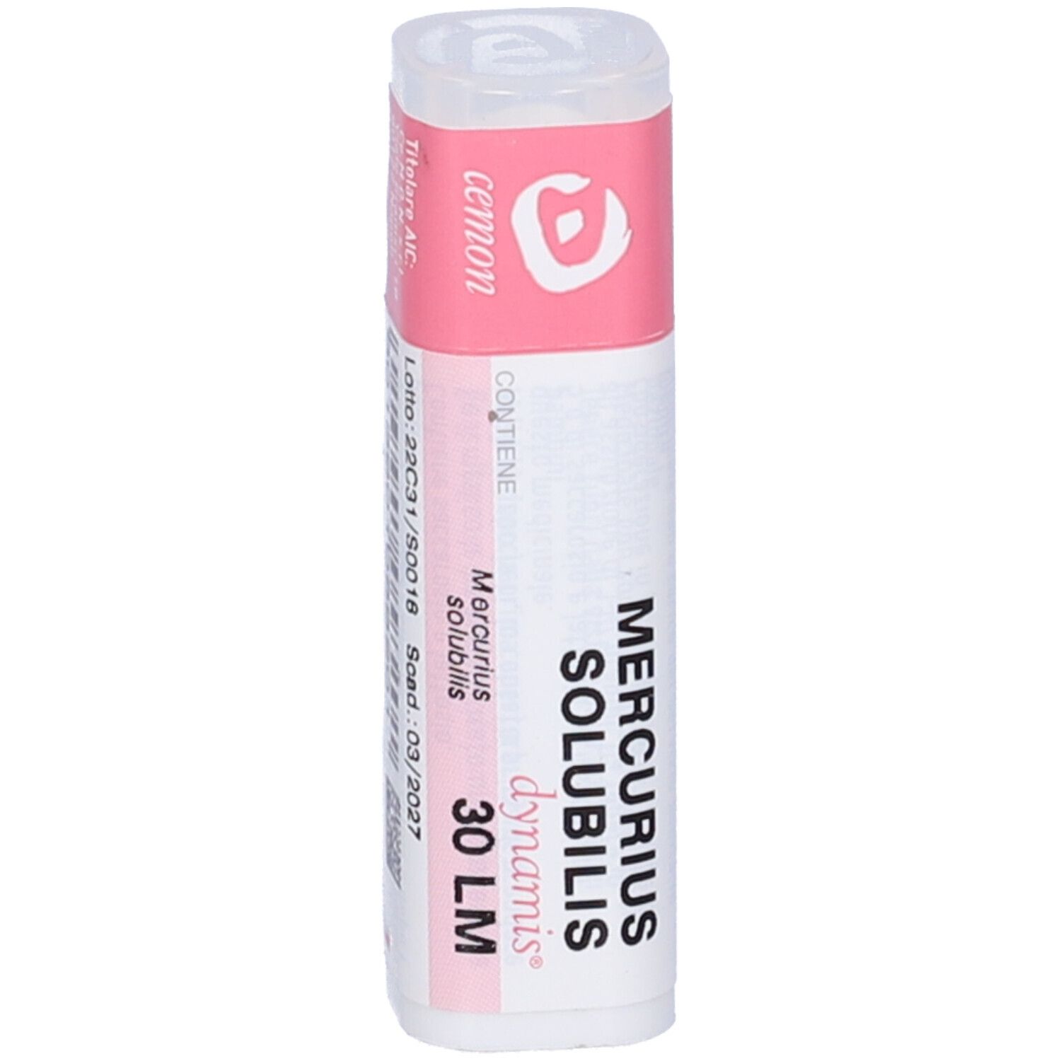 Confezione cilindrica con etichetta rosa e bianca. Scritte: Mercurius Solubilis 30 LM, dynamis.