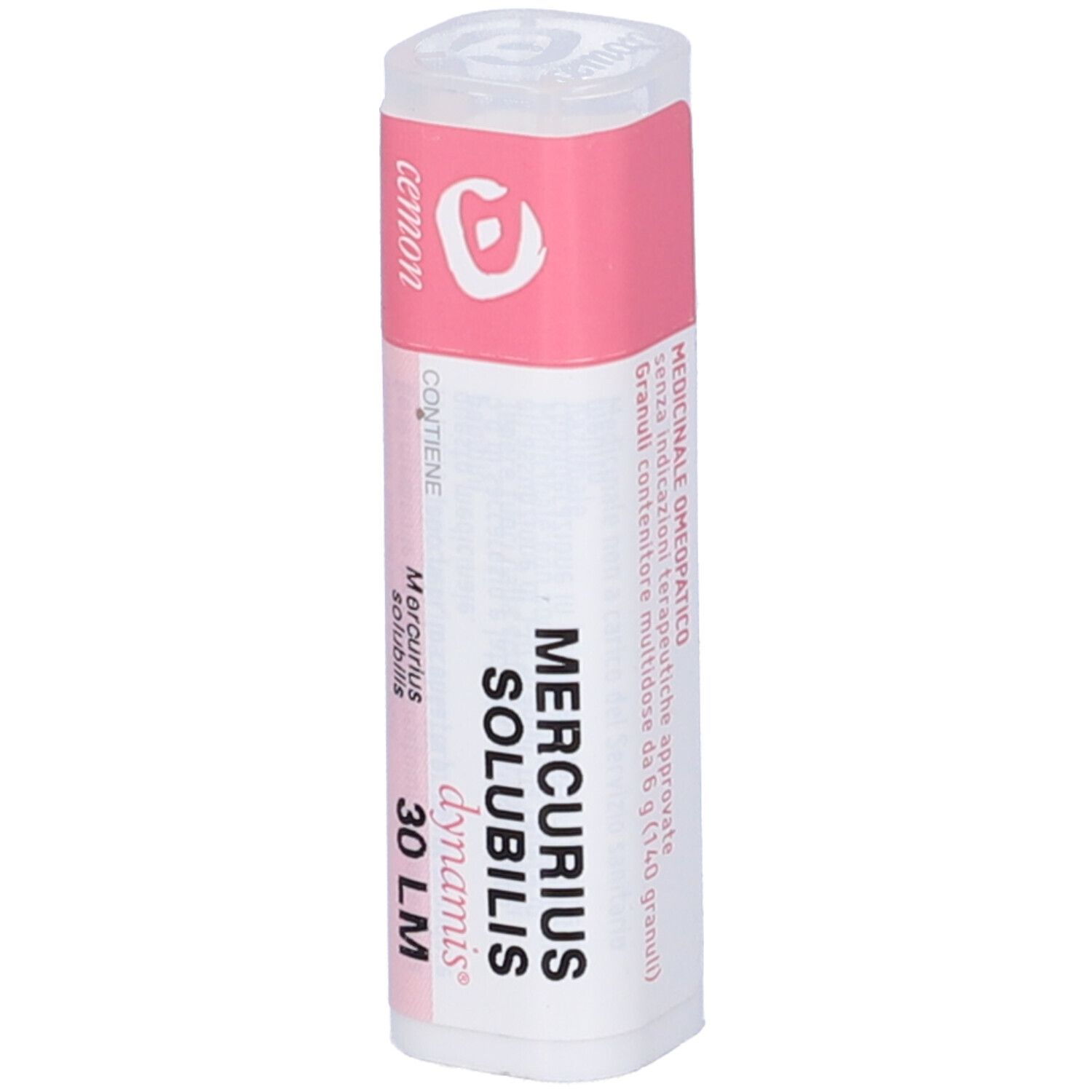 Confezione cilindrica con etichetta rosa e bianca. Scritte: Mercurius Solubilis 30 LM, dynamis. Informazioni testuali aggiuntive.