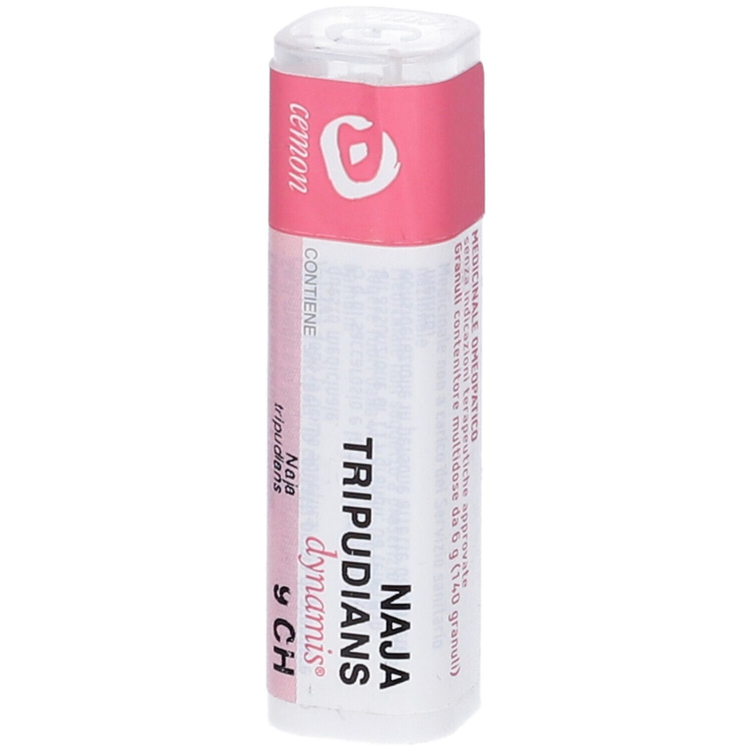 Flacone cilindrico con etichetta rosa. Sull'etichetta "Naja Tripudians 9 CH dynamis".