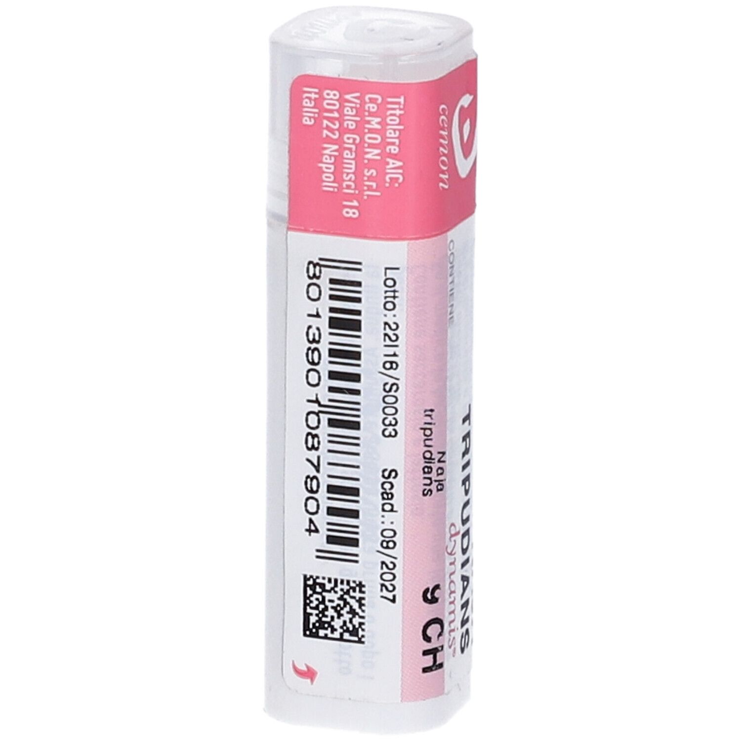 Flacone cilindrico con etichetta rosa. Sull'etichetta "Naja Tripudians 9 CH dynamis".