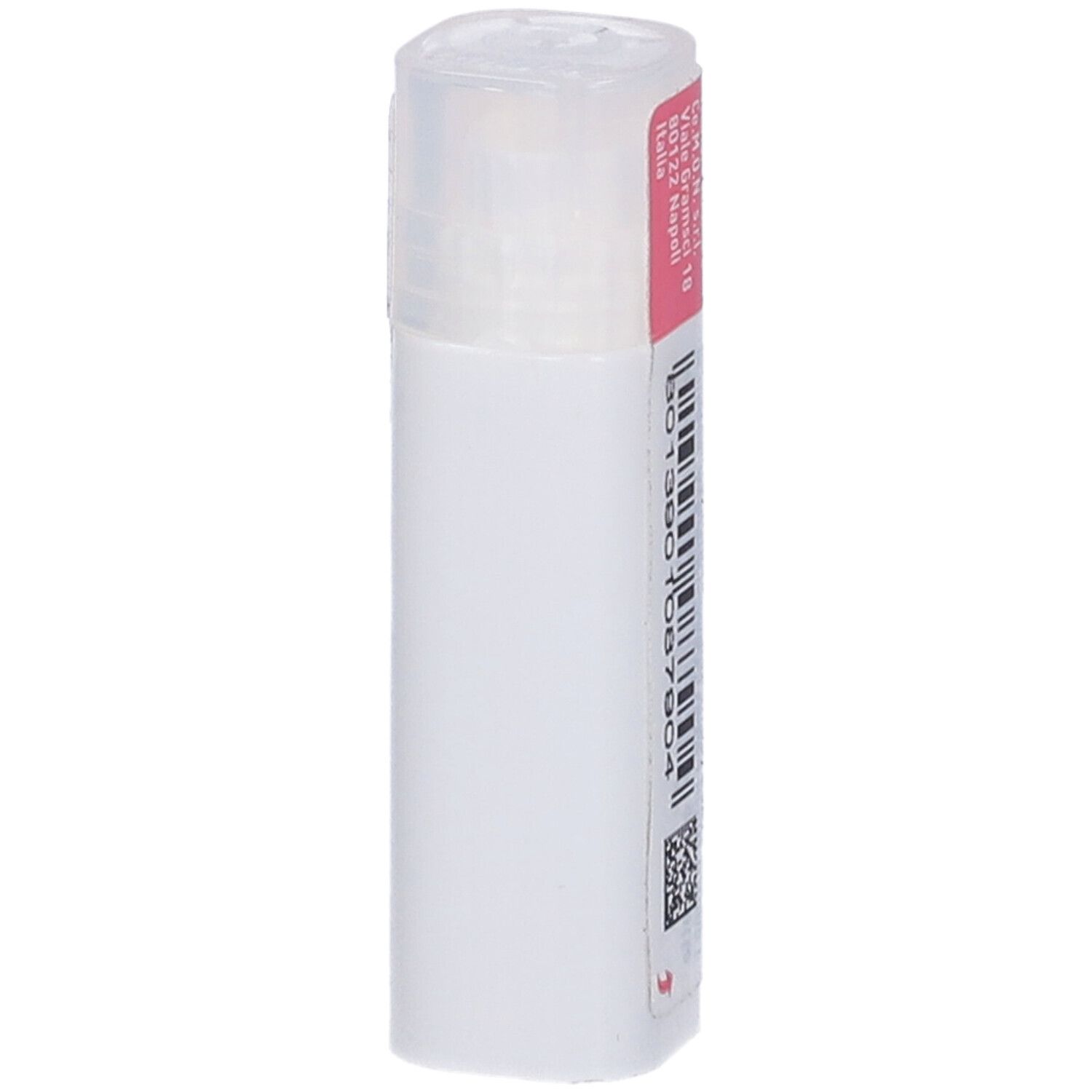 Flacone cilindrico bianco con etichetta rosa. Sull'etichetta codice a barre e testo.