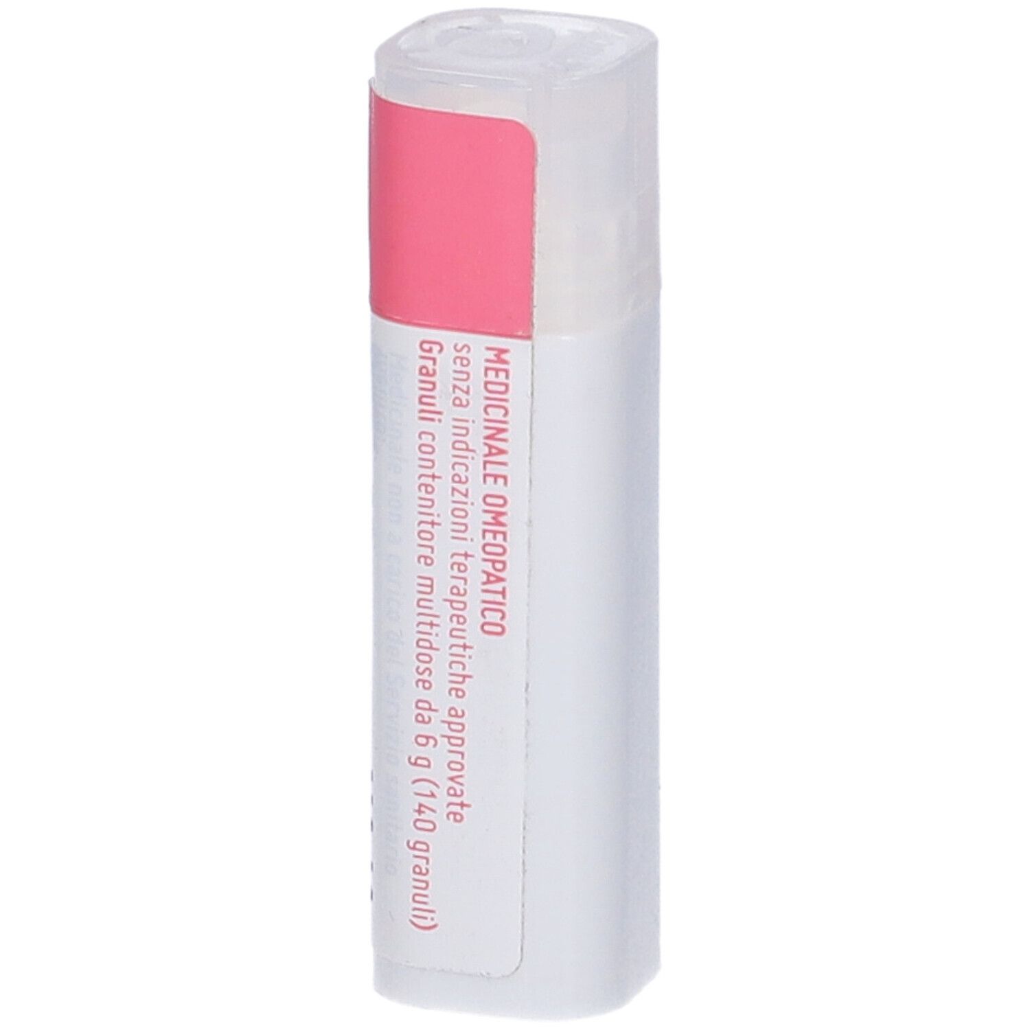 Flacone cilindrico bianco con etichetta rosa. Testo sull'etichetta.