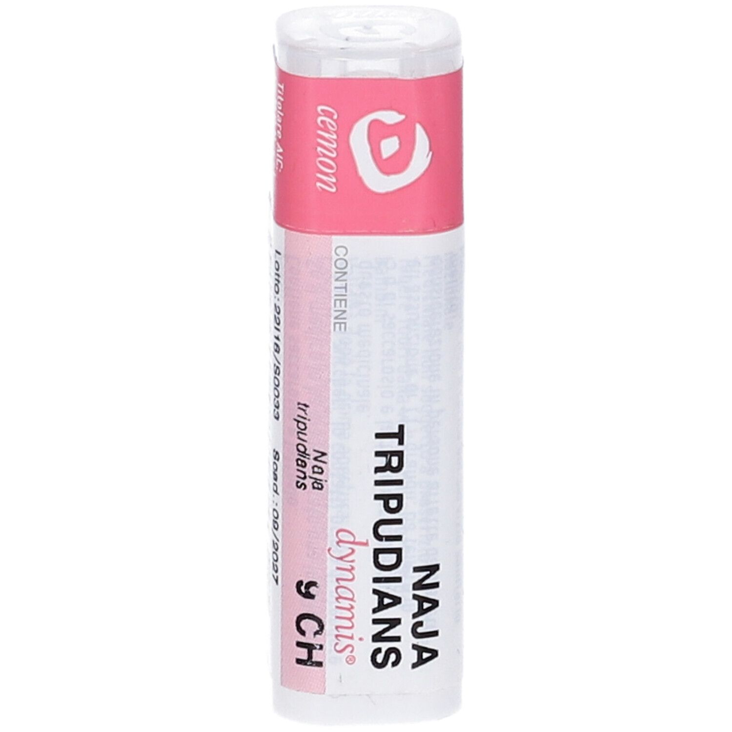 Flacone cilindrico con etichetta rosa. Sull'etichetta "Naja Tripudians 9 CH dynamis".