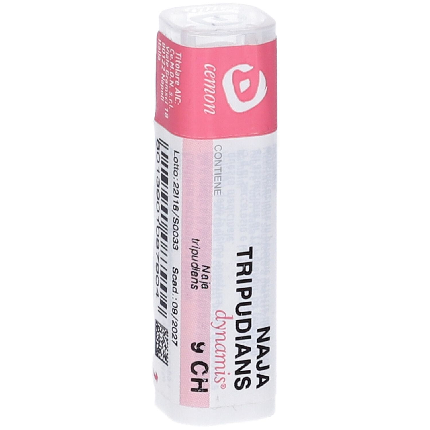 Flacone cilindrico con etichetta rosa. Sull'etichetta codice a barre e testo.