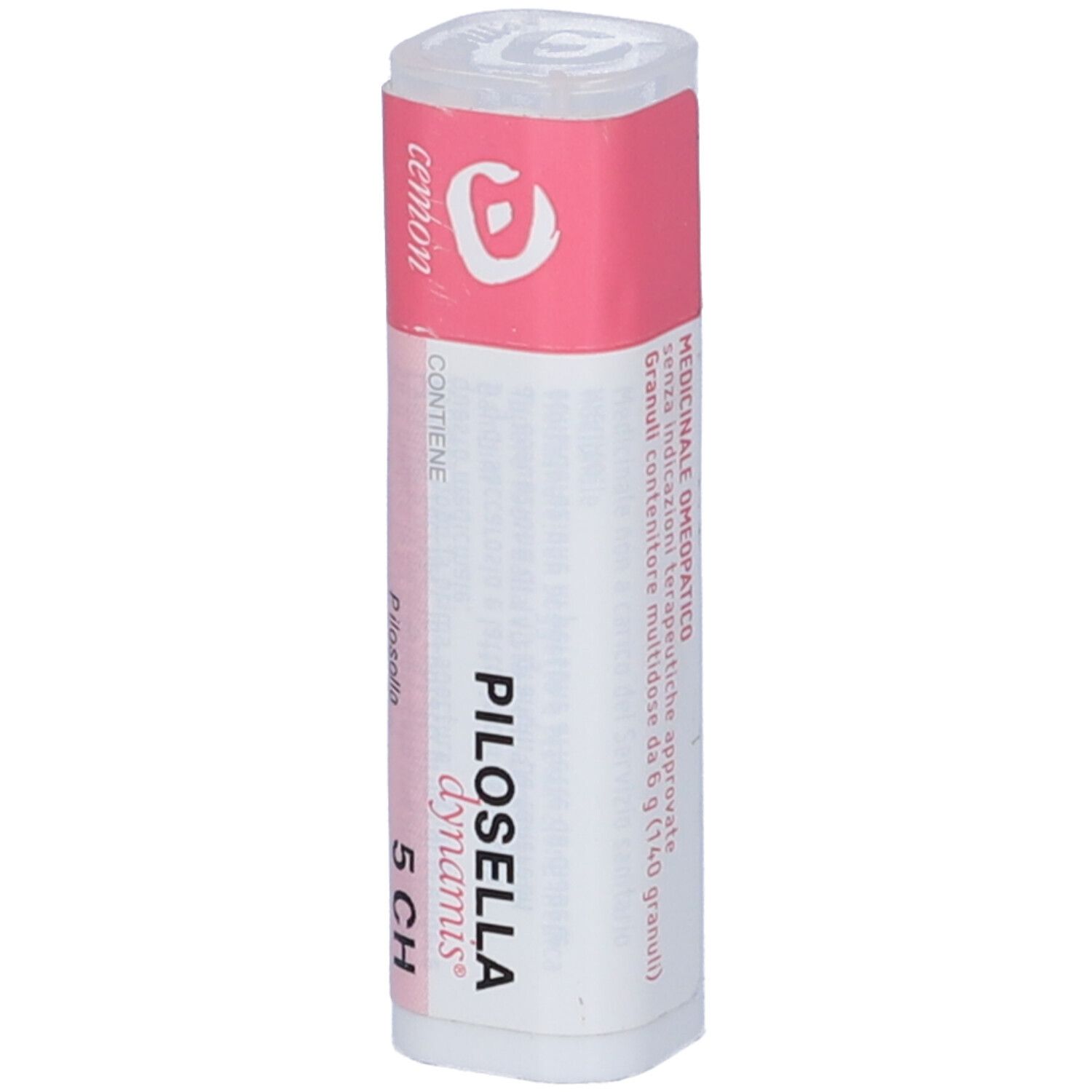 Confezione cilindrica con etichetta rosa e bianca. Scritta: Pilosella dynamis 5 CH.
