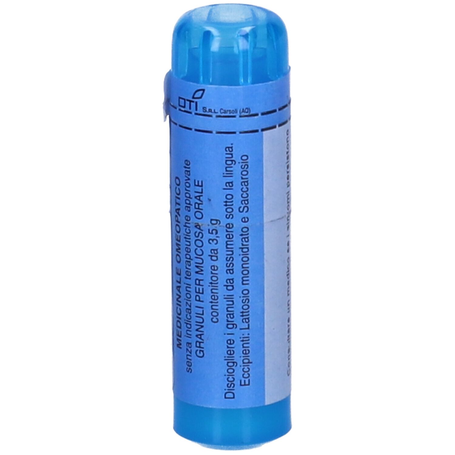 Contenitore cilindrico blu con etichetta bianca. Scritto: Granuli per mucosa orale. Testo in italiano.