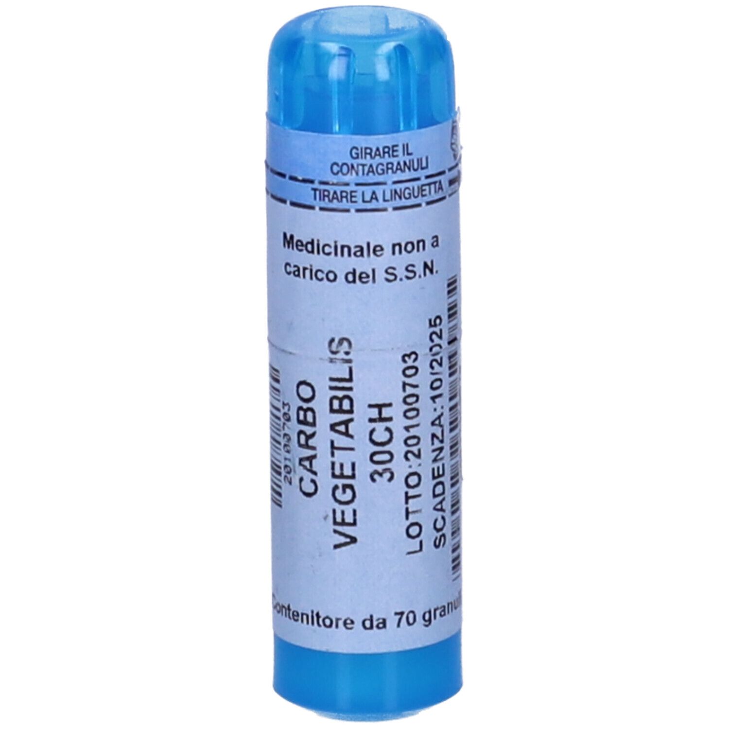 Contenitore cilindrico blu con etichetta bianca. Scritto: Carbo Vegetabilis 30CH, 70 Granuli. Scadenza 10/2025.
