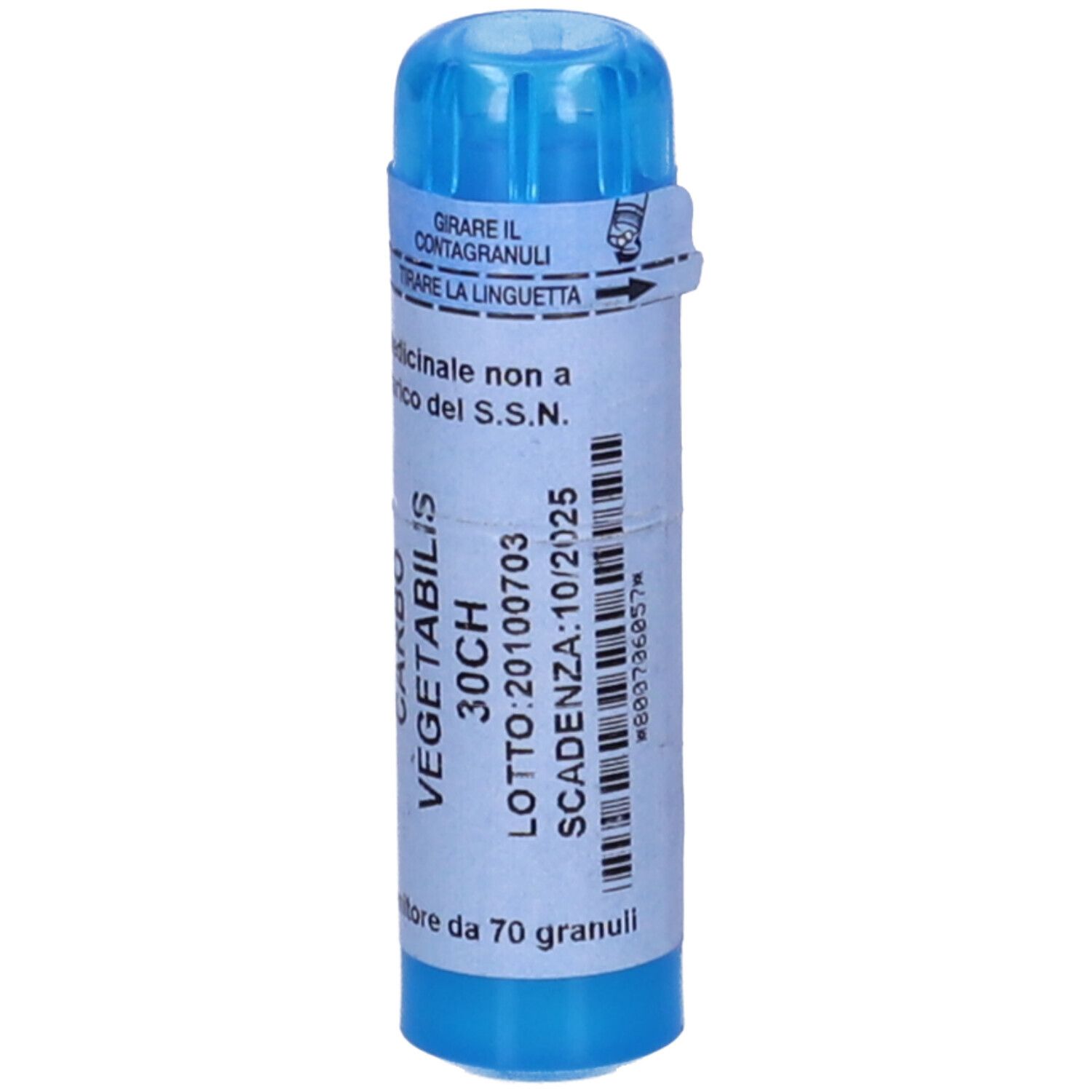 Contenitore cilindrico blu con etichetta bianca. Scritto: Carbo Vegetabilis 30CH, 70 Granuli. Scadenza 10/2025.