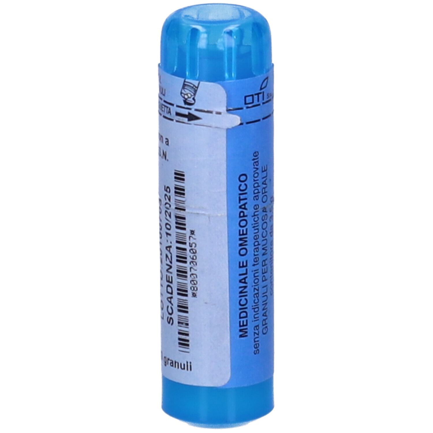 Contenitore cilindrico blu con etichetta bianca. Scritto: Granuli per mucosa orale. Testo in italiano.