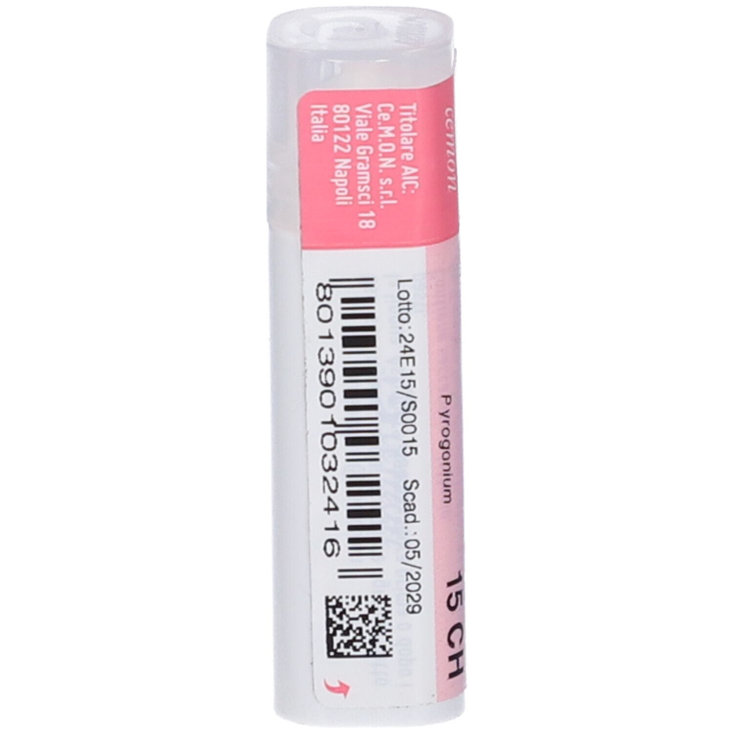 Confezione cilindrica con etichetta rosa e bianca. Codice a barre e testo: Lotto, scadenza, Pyrogenium 15 CH.