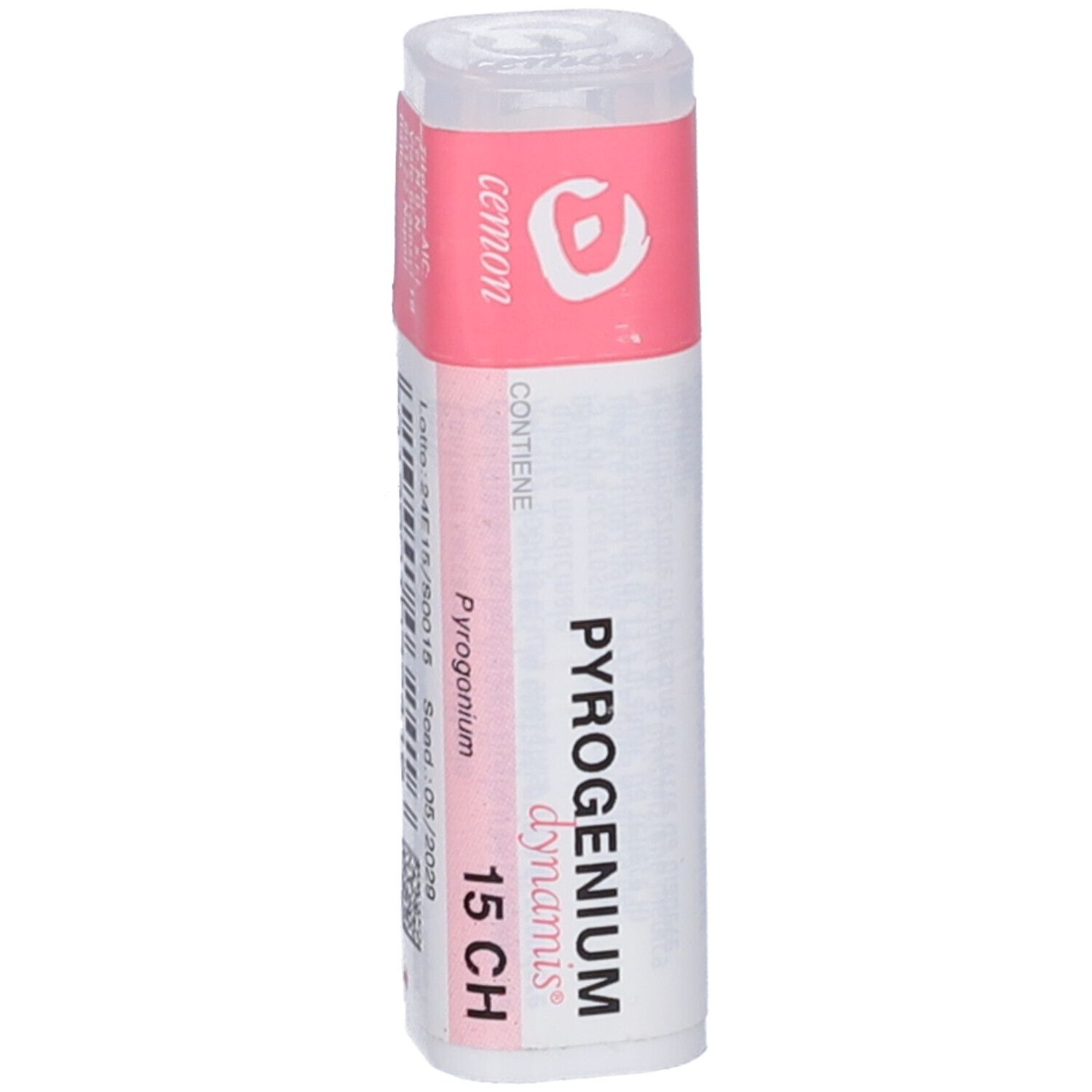 Confezione cilindrica con etichetta rosa e bianca. Scritta: PYROGENIUM dynamis 15 CH. Contiene granuli.