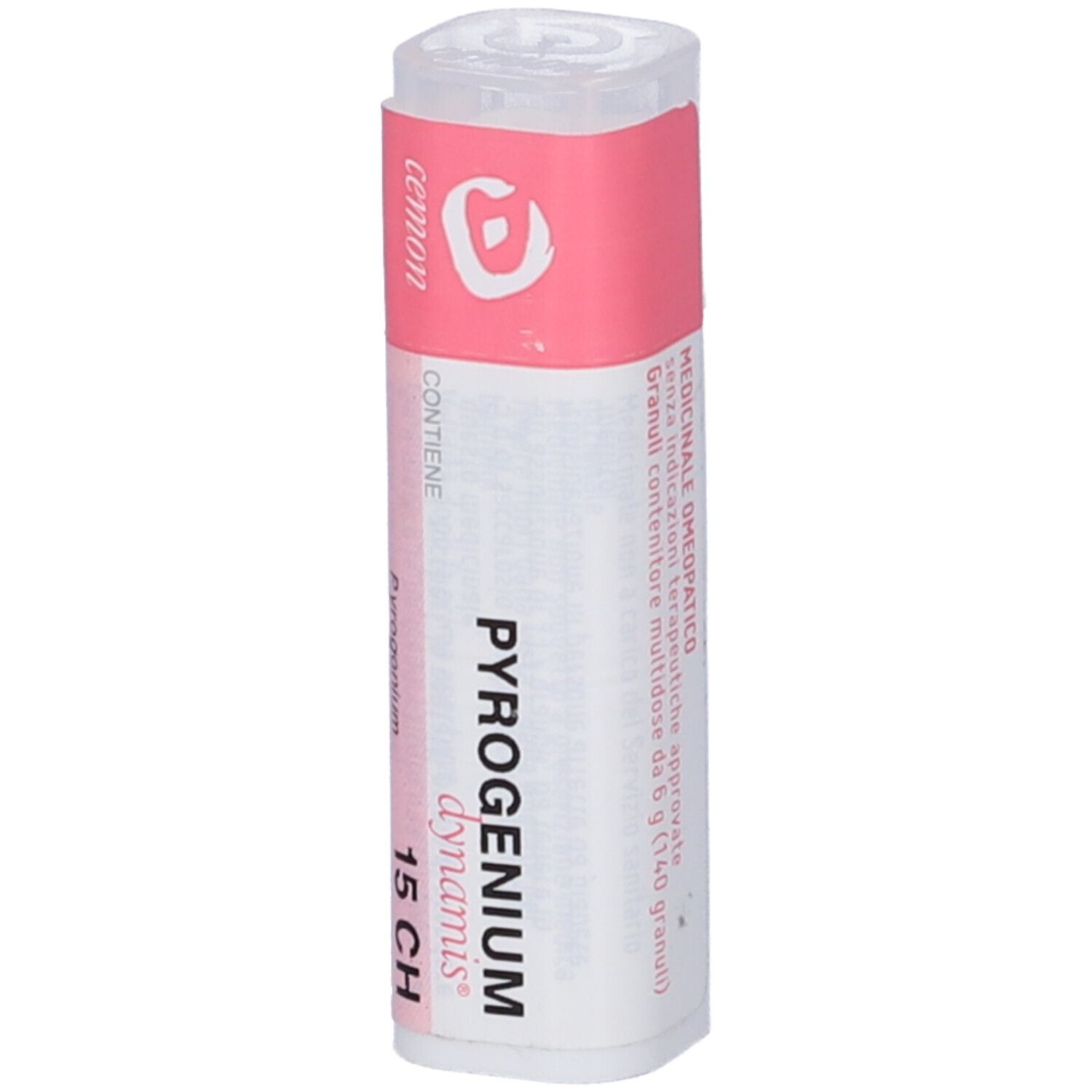 Confezione cilindrica con etichetta rosa e bianca. Scritta: PYROGENIUM dynamis 15 CH. Contiene granuli.