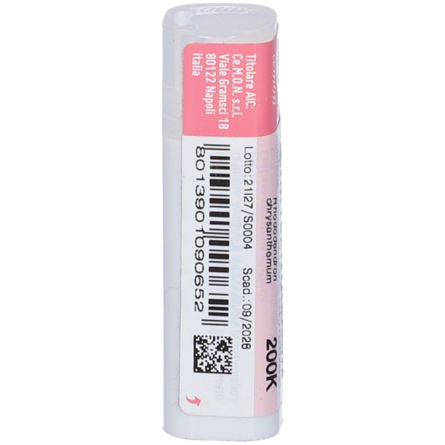 Confezione cilindrica con etichetta rosa. Scritta: Rhododendron Chrysanthemum 200K, dynamis. Codice a barre e informazioni.