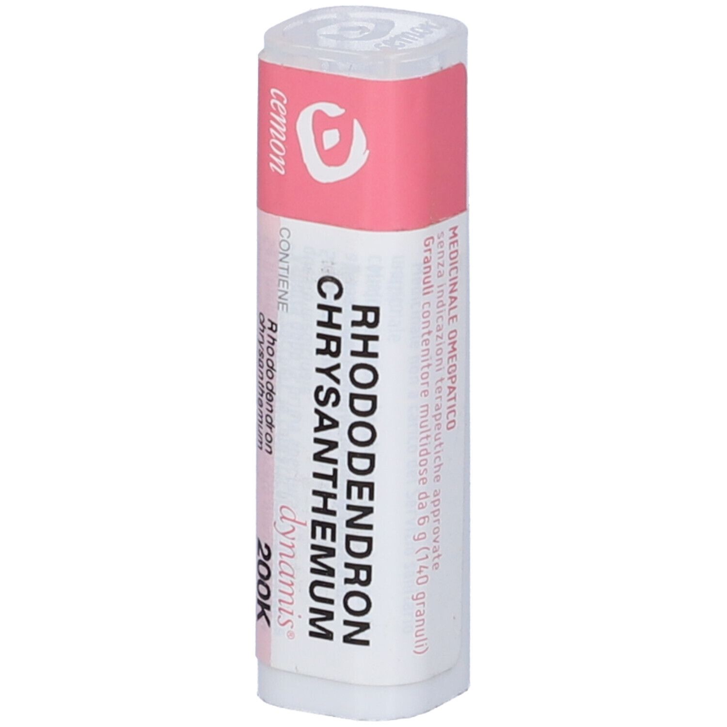 Confezione cilindrica con etichetta rosa. Scritta: Rhododendron Chrysanthemum, dynamis, 200K. Prodotto medico.