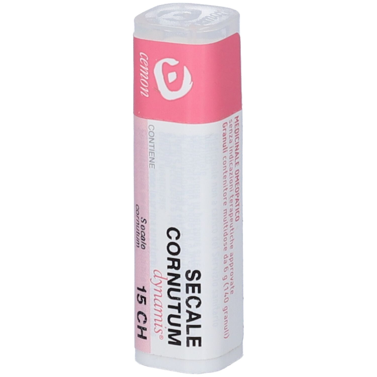 Confezione cilindrica con etichetta rosa e bianca. Scritta: Secale Cornutum 15 CH. Logo: Cemon.