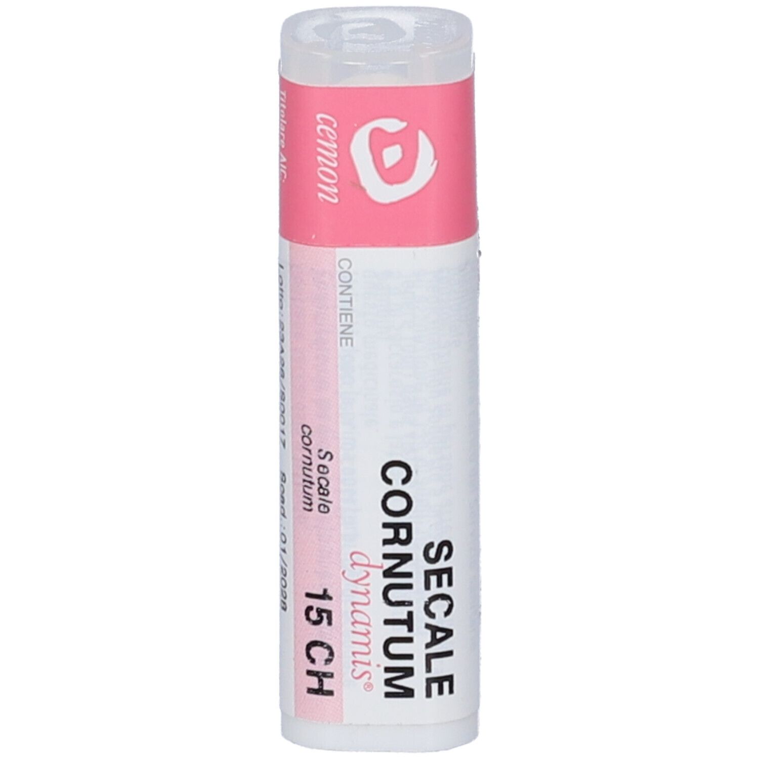 Confezione cilindrica con etichetta rosa e bianca. Scritta: Secale Cornutum 15 CH. Logo: Cemon.
