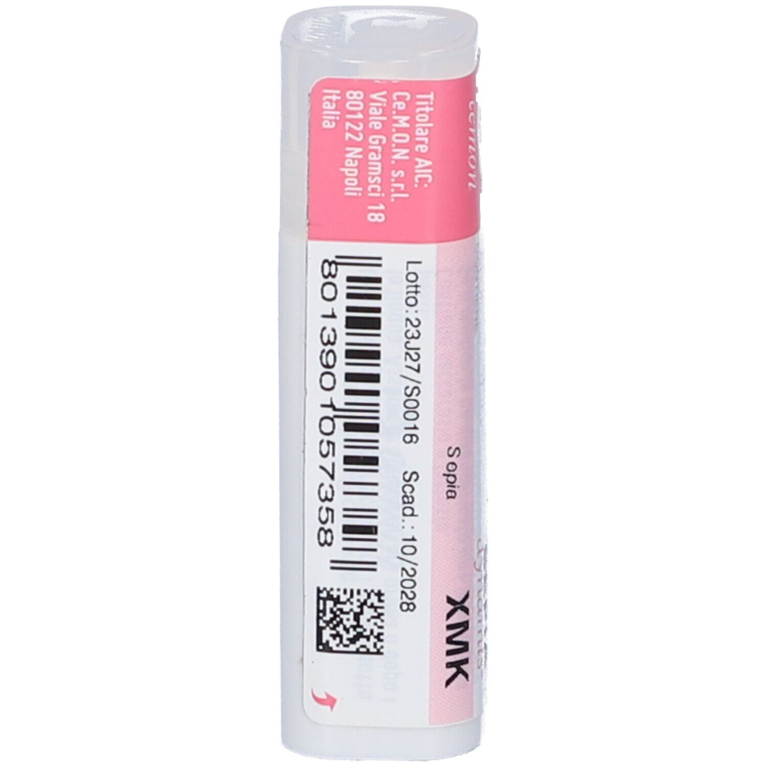 Confezione cilindrica con codice a barre ed etichetta rosa. Scritta: SEPIA. Contiene globuli. Scadenza 10/2028.